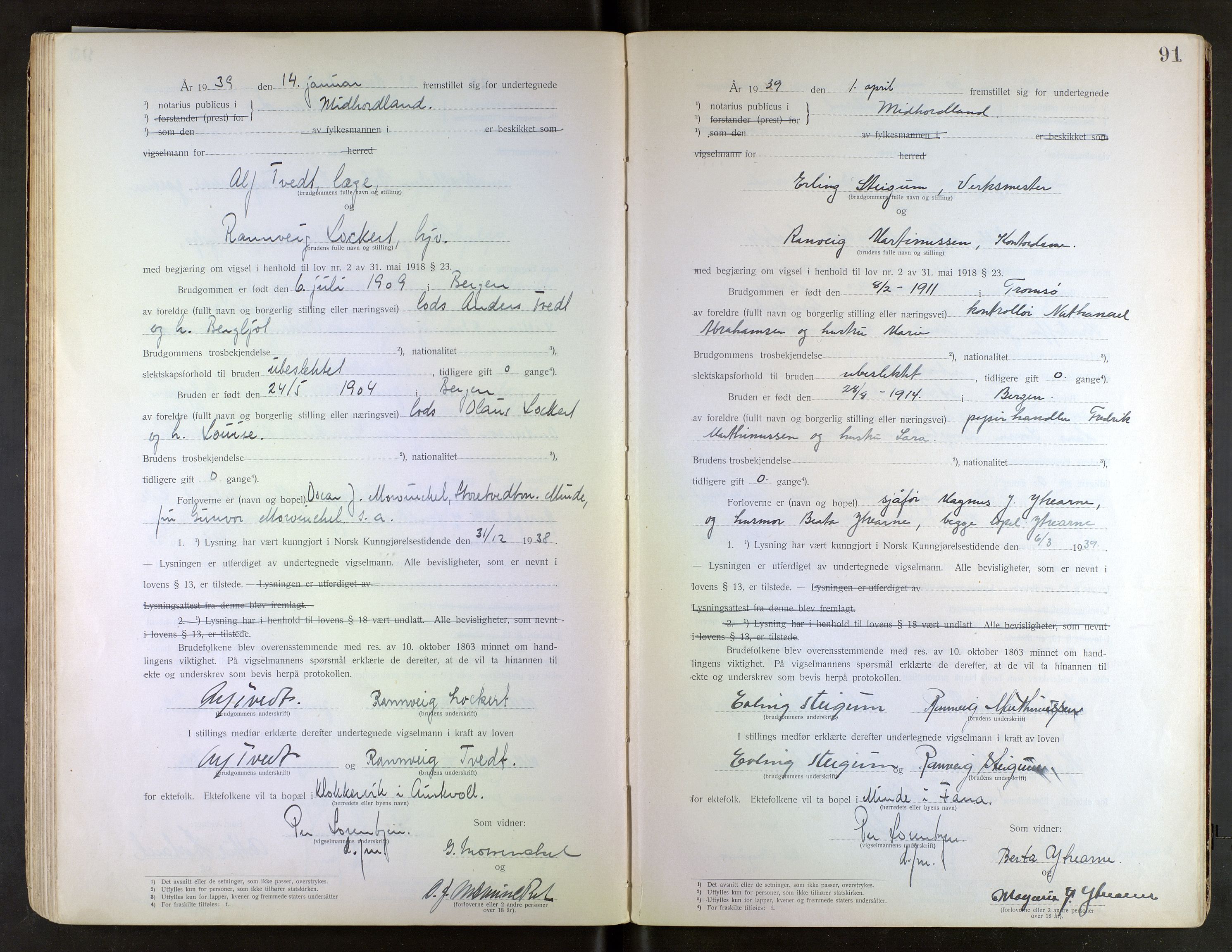 Midhordland sorenskriveri, SAB/A-3001/1/M/Mc/Mca/L0001: Notarialbilag. Vigselbøker, 1920-1939, s. 91