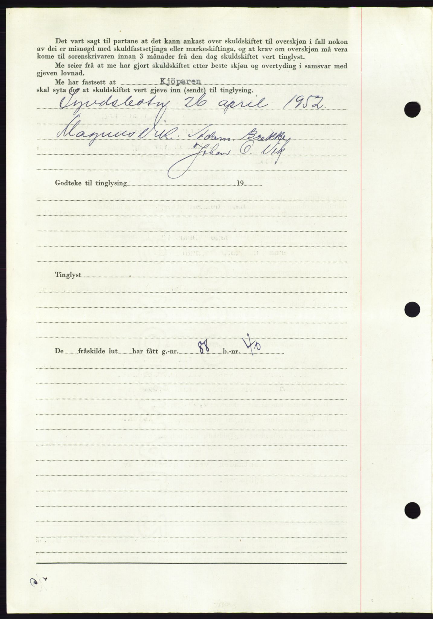 Søre Sunnmøre sorenskriveri, AV/SAT-A-4122/1/2/2C/L0092: Pantebok nr. 18A, 1952-1952, Dagboknr: 887/1952