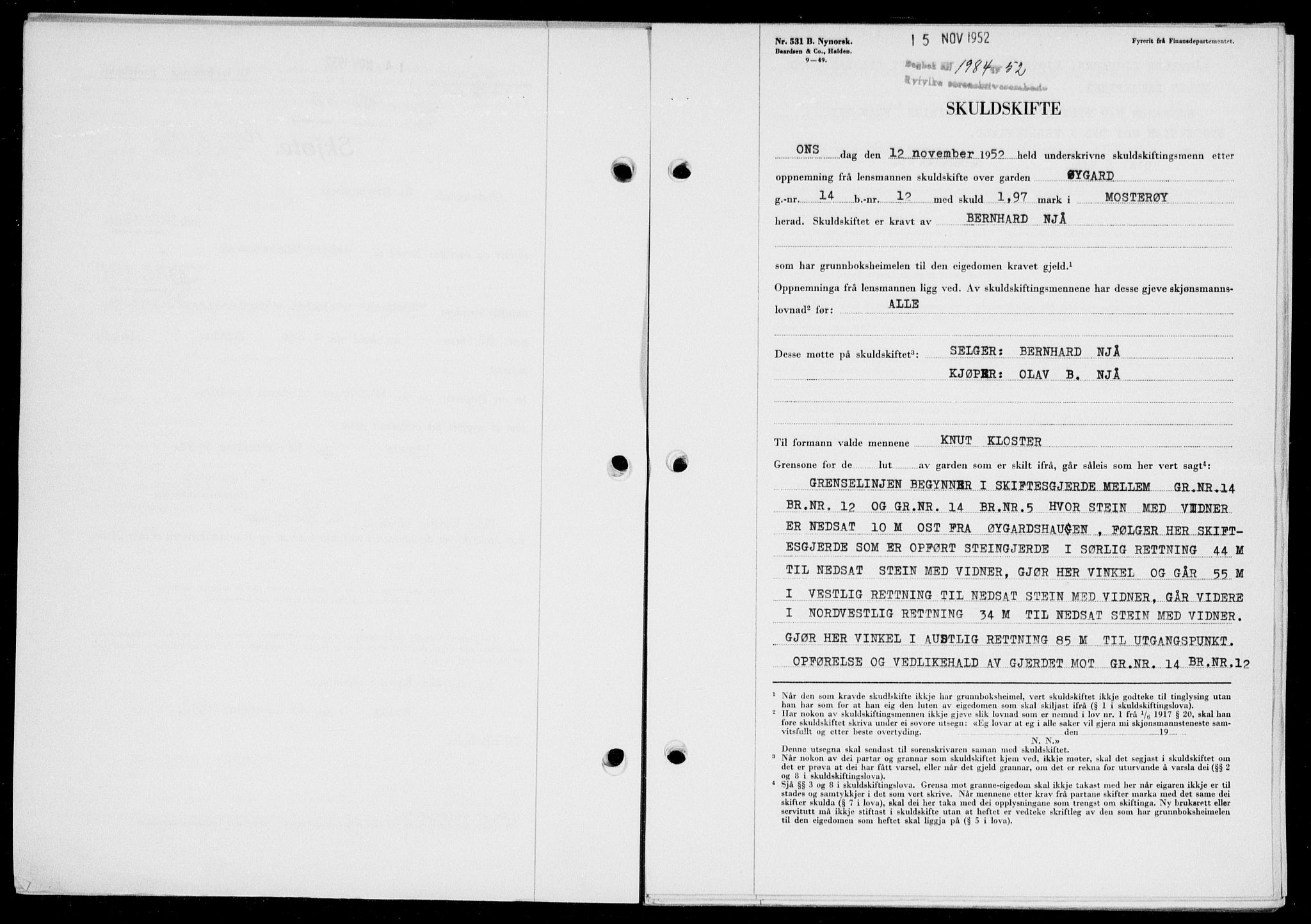 Ryfylke tingrett, SAST/A-100055/001/II/IIB/L0120: Pantebok nr. 99, 1952-1953, Dagboknr: 1984/1952