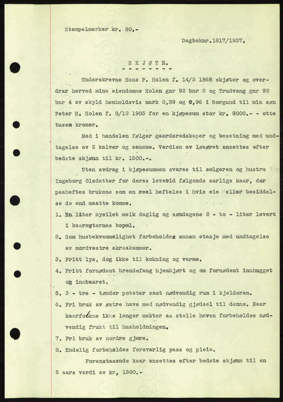 Nordre Sunnmøre sorenskriveri, AV/SAT-A-0006/1/2/2C/2Ca: Pantebok nr. A4, 1937-1938, Dagboknr: 1817/1937