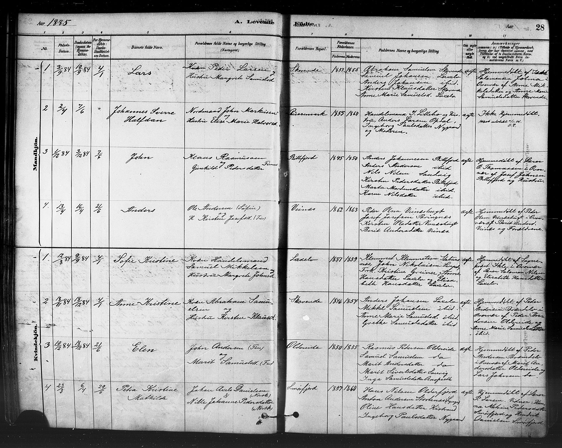 Kistrand/Porsanger sokneprestembete, AV/SATØ-S-1351/H/Ha/L0007.kirke: Ministerialbok nr. 7, 1881-1889, s. 28