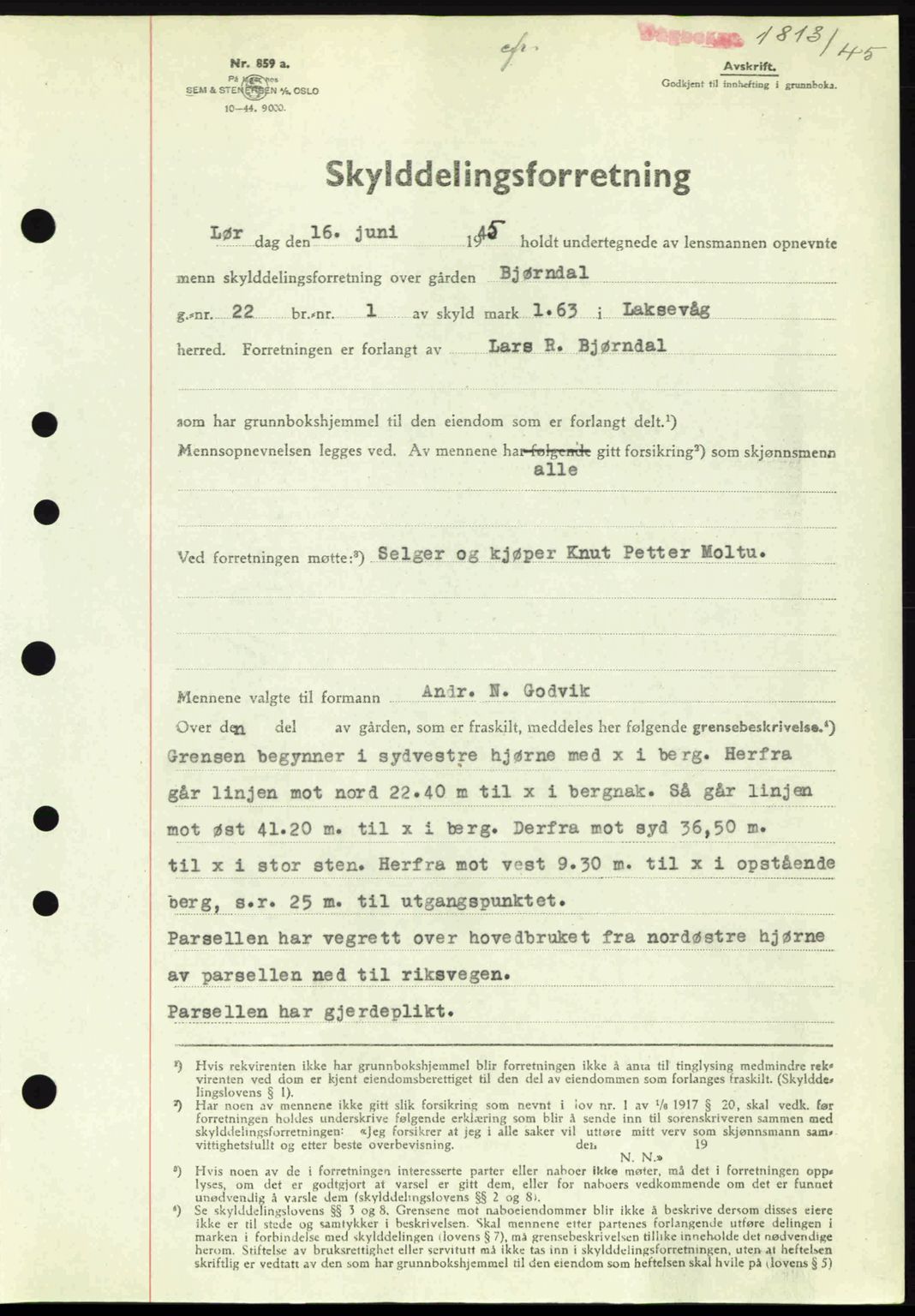 Midhordland sorenskriveri, SAB/A-3001/1/G/Gb/Gbk/L0008: Pantebok nr. A36-41, 1944-1945, Dagboknr: 1813/1945