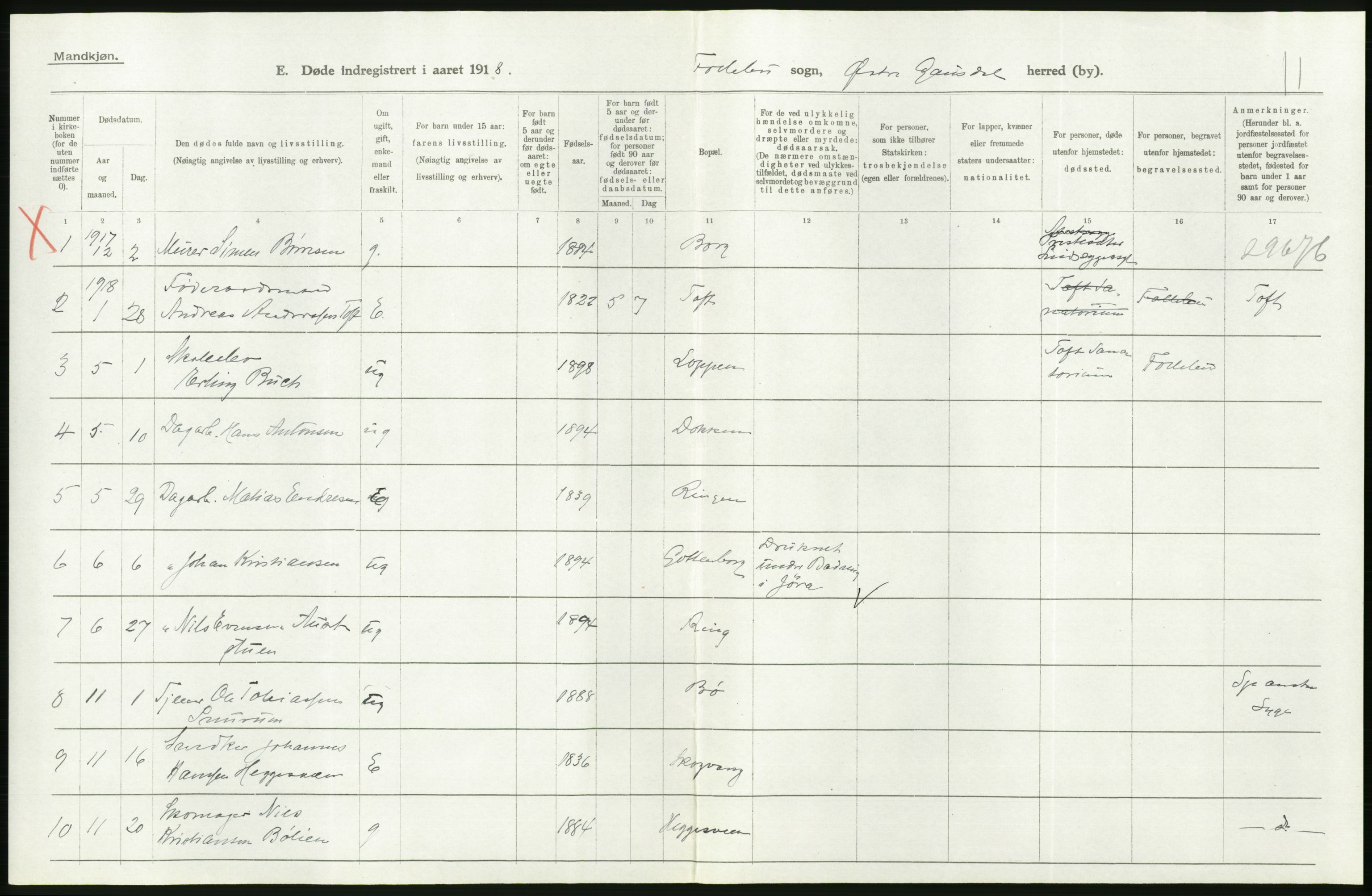 Statistisk sentralbyrå, Sosiodemografiske emner, Befolkning, RA/S-2228/D/Df/Dfb/Dfbh/L0017: Oppland fylke: Døde. Bygder og byer., 1918, s. 76