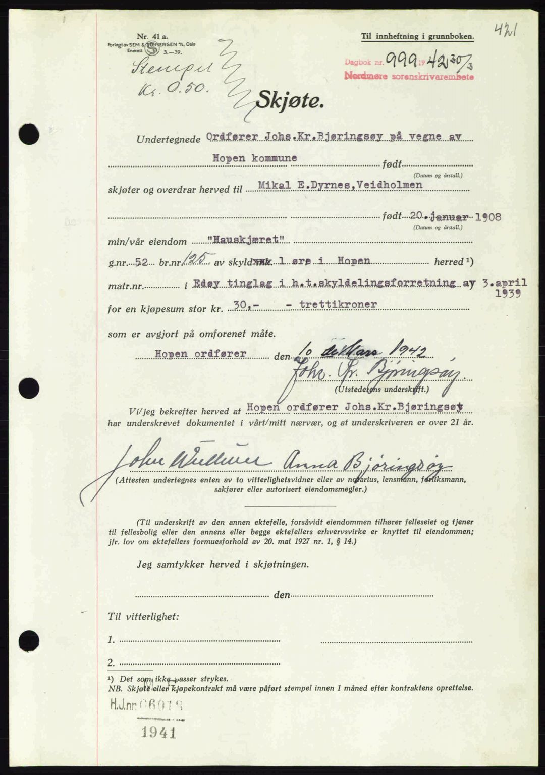 Nordmøre sorenskriveri, SAT/A-4132/1/2/2Ca: Pantebok nr. A92, 1942-1942, Dagboknr: 999/1942
