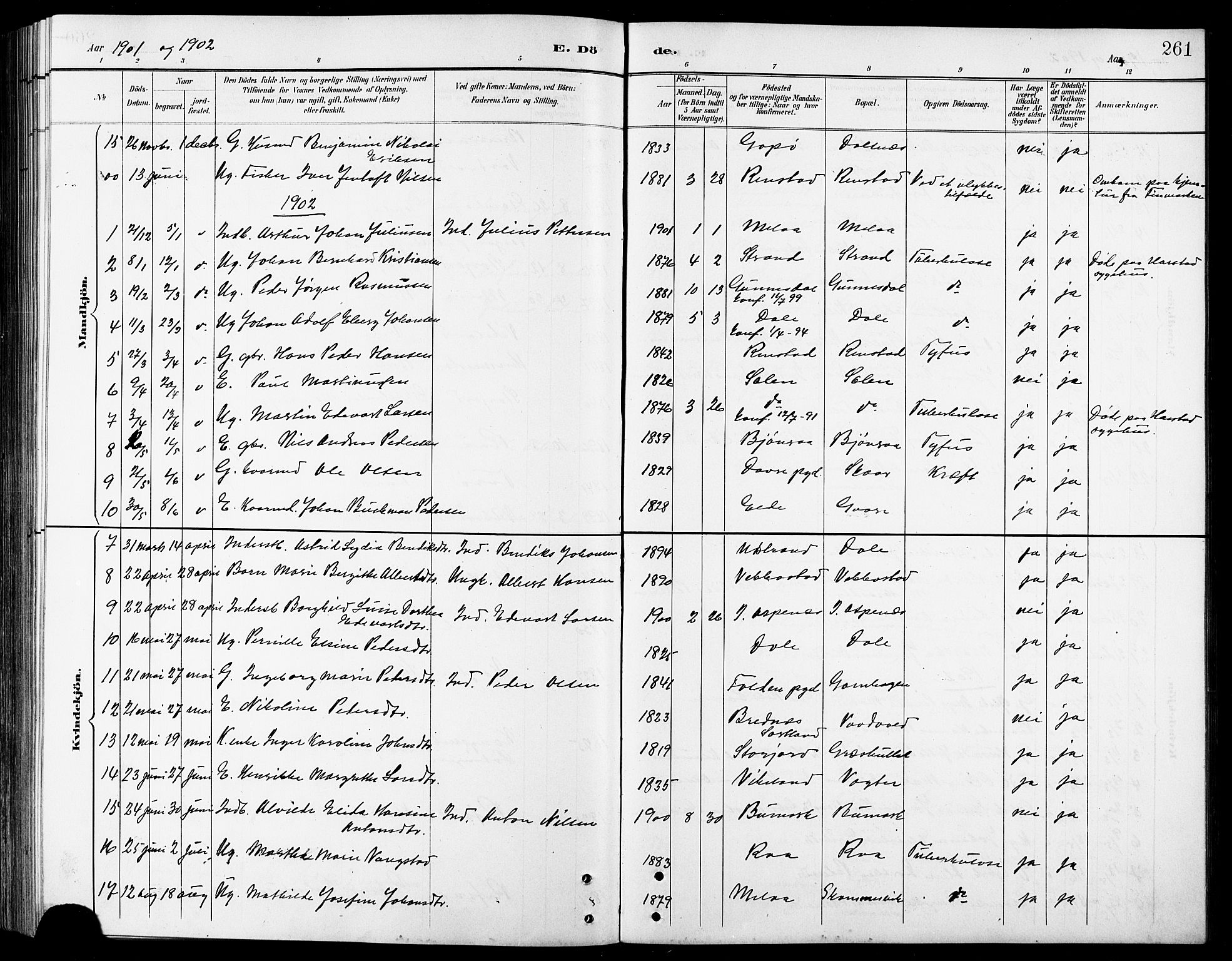 Kvæfjord sokneprestkontor, AV/SATØ-S-1323/G/Ga/Gab/L0005klokker: Klokkerbok nr. 5, 1886-1911, s. 261