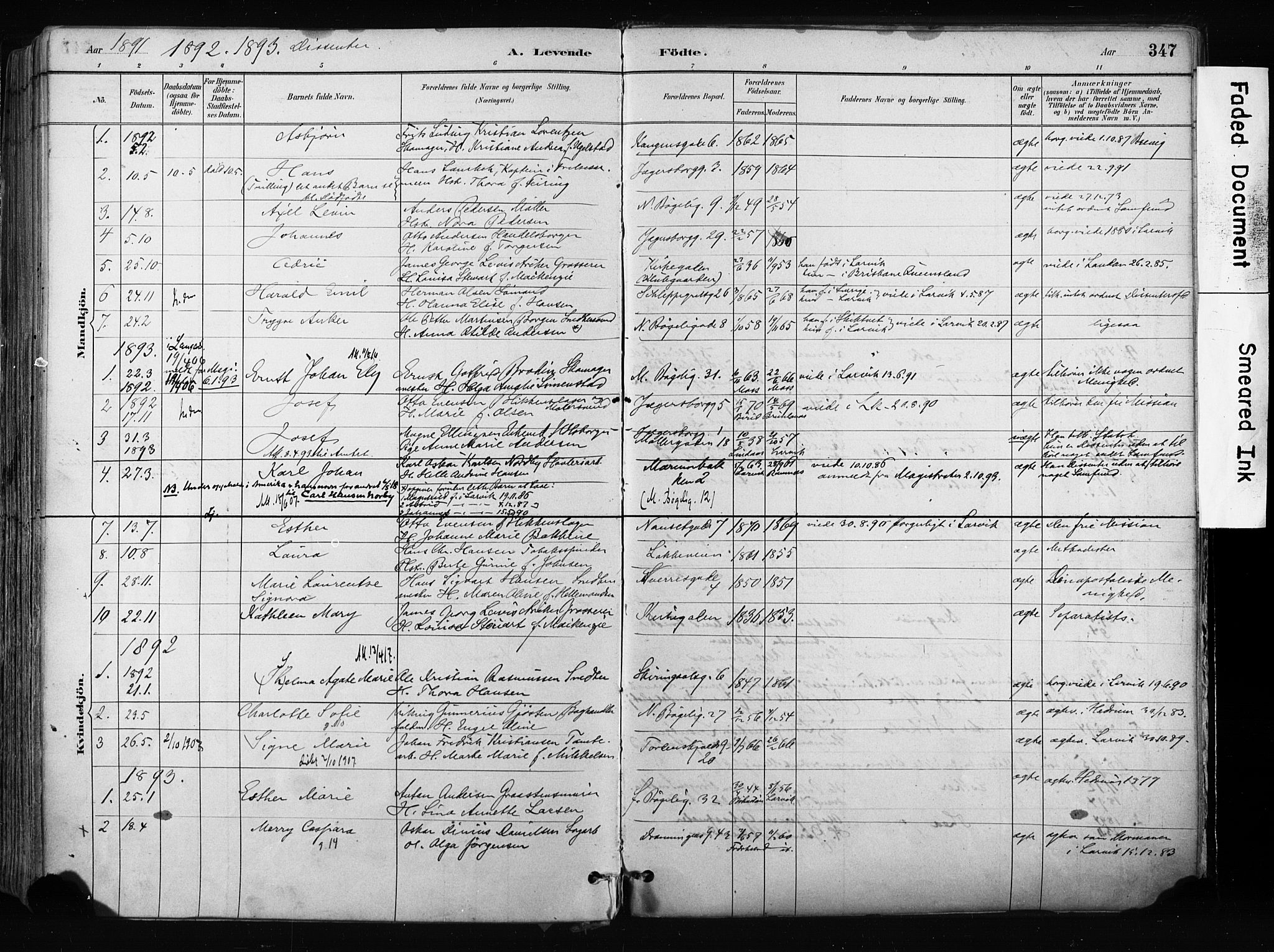 Larvik kirkebøker, AV/SAKO-A-352/F/Fa/L0009: Ministerialbok nr. I 9, 1884-1904, s. 347