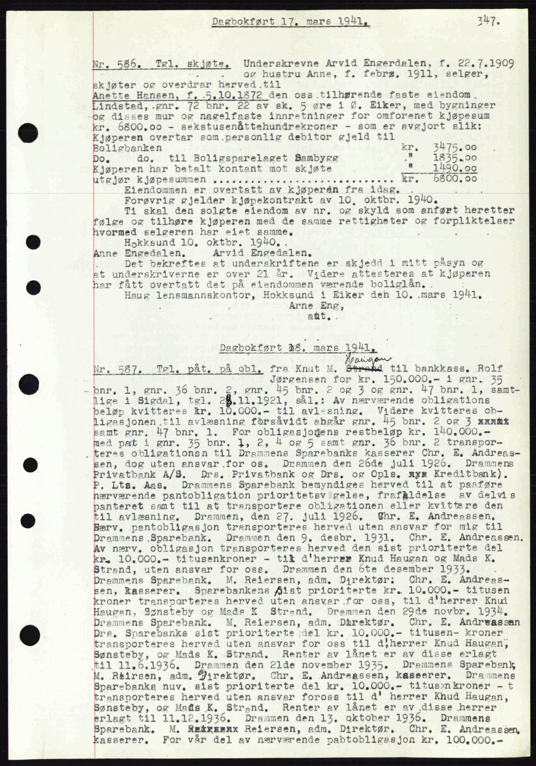Eiker, Modum og Sigdal sorenskriveri, SAKO/A-123/G/Ga/Gab/L0043: Pantebok nr. A13, 1940-1941, Dagboknr: 586/1941