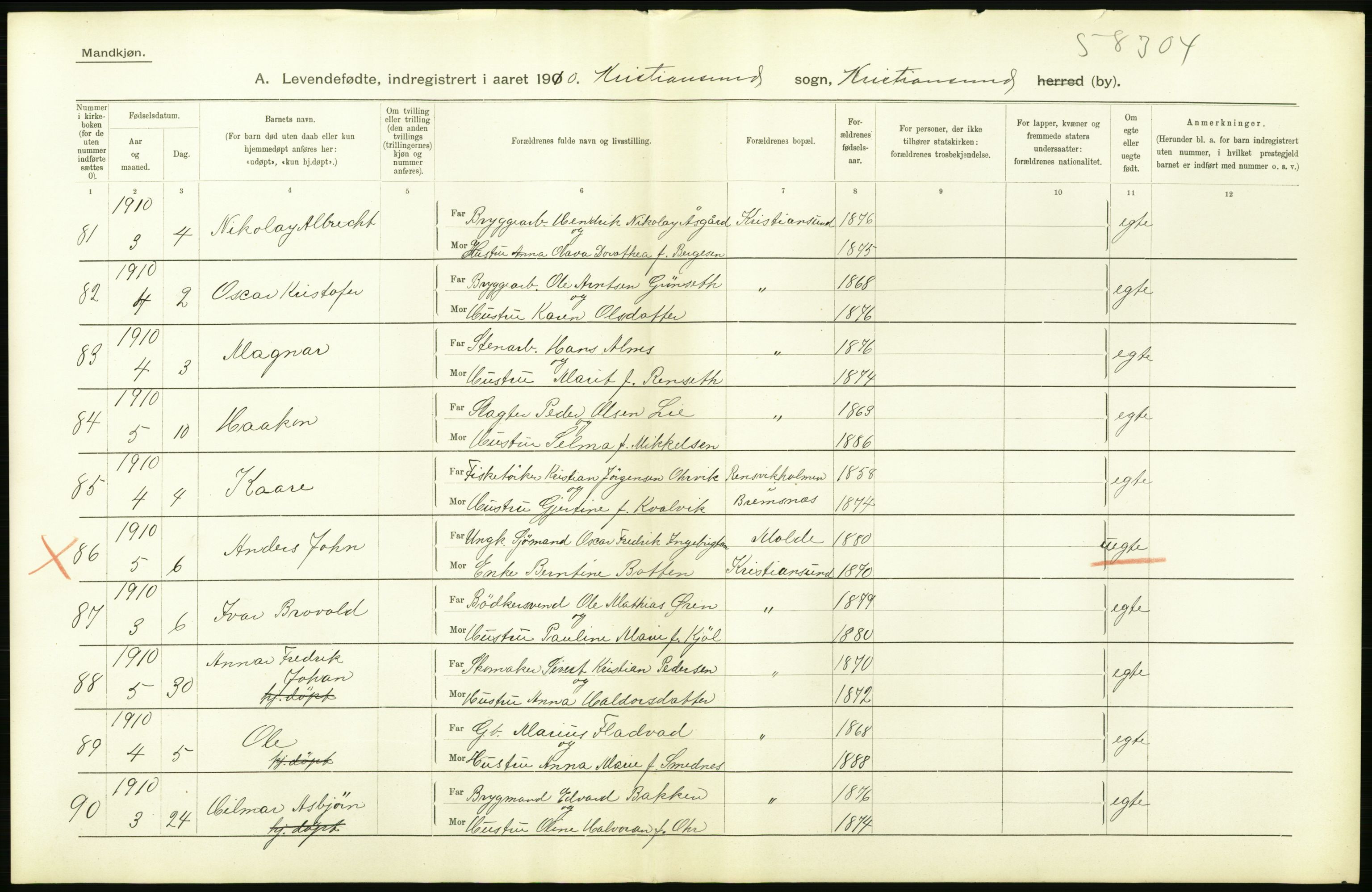 Statistisk sentralbyrå, Sosiodemografiske emner, Befolkning, AV/RA-S-2228/D/Df/Dfa/Dfah/L0033: Romsdals amt: Levendefødte menn og kvinner. Byer. Samt gifte. Bygder og byer., 1910, s. 58