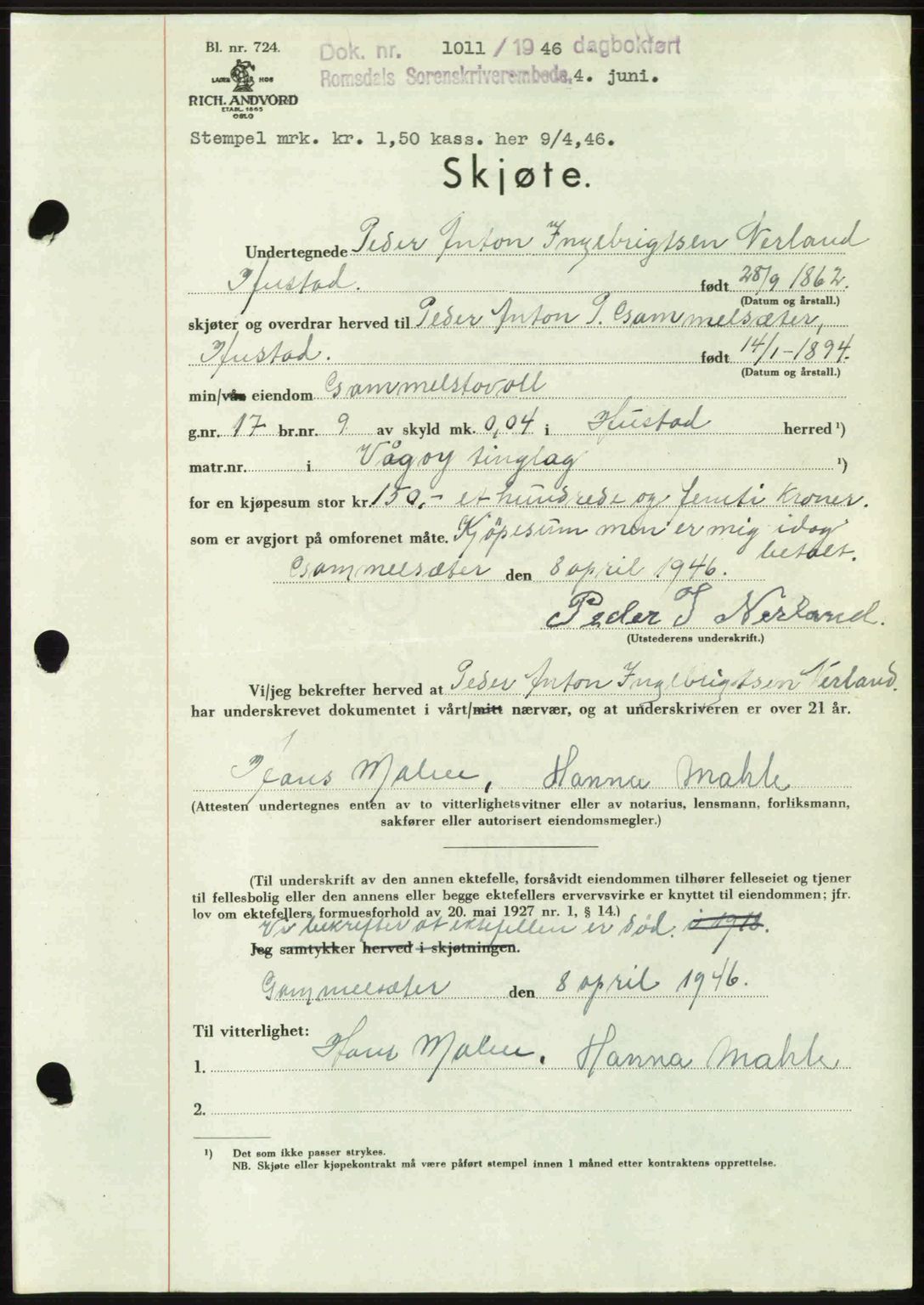 Romsdal sorenskriveri, AV/SAT-A-4149/1/2/2C: Pantebok nr. A20, 1946-1946, Dagboknr: 1011/1946