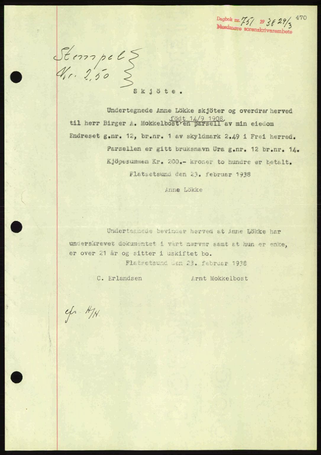 Nordmøre sorenskriveri, AV/SAT-A-4132/1/2/2Ca: Pantebok nr. A83, 1938-1938, Dagboknr: 751/1938