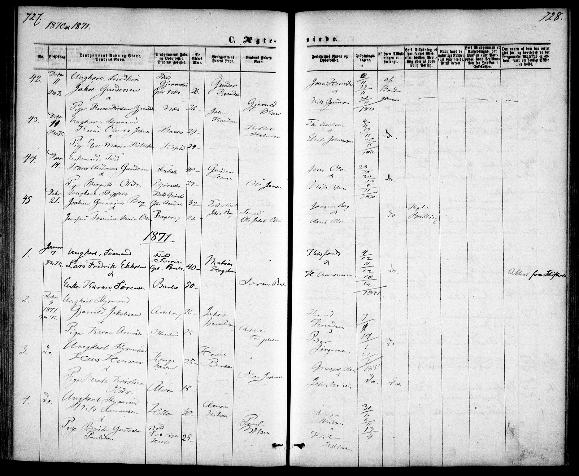 Tromøy sokneprestkontor, SAK/1111-0041/F/Fa/L0008: Ministerialbok nr. A 8, 1870-1877, s. 727-728