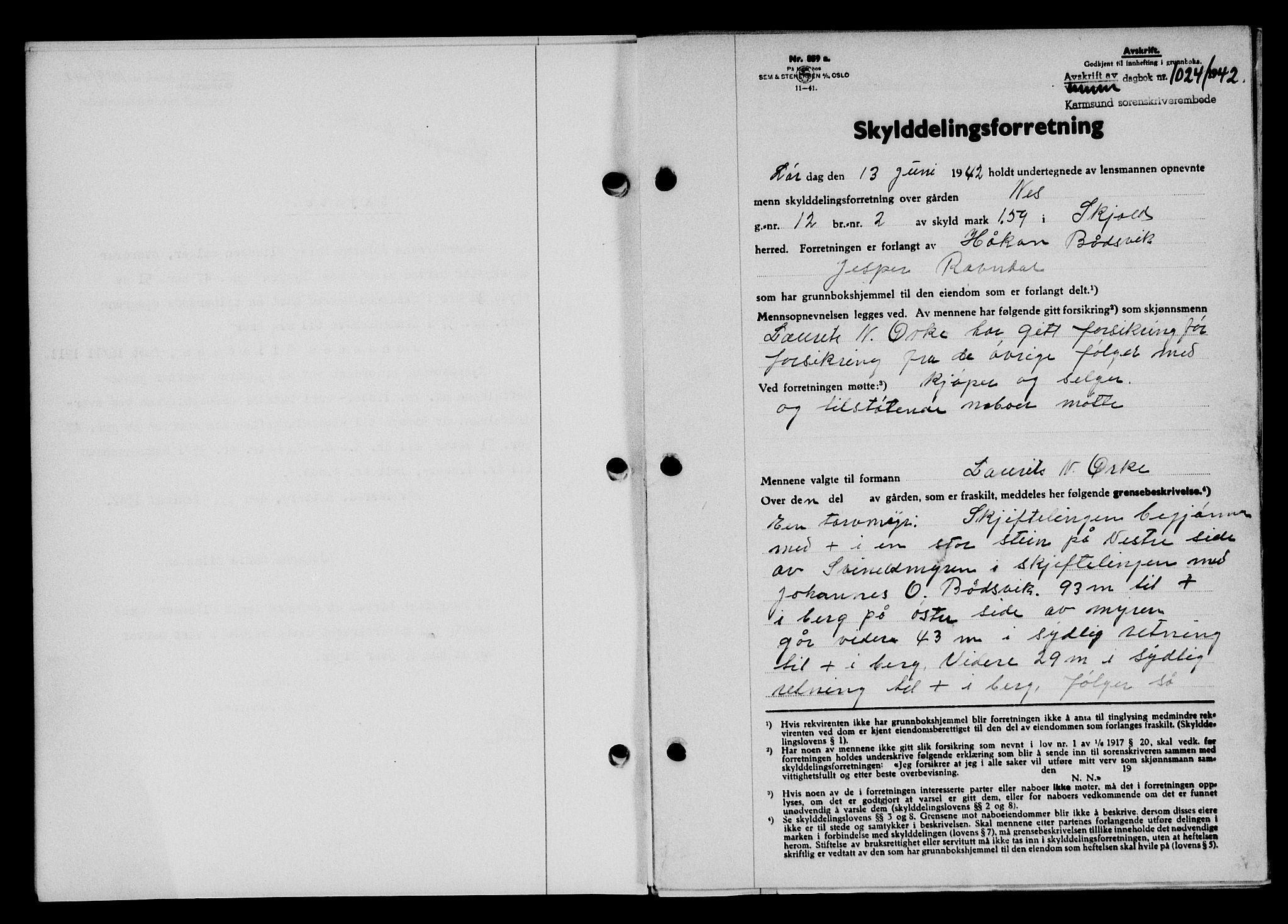 Karmsund sorenskriveri, SAST/A-100311/01/II/IIB/L0077: Pantebok nr. 58A, 1942-1942, Dagboknr: 1024/1942