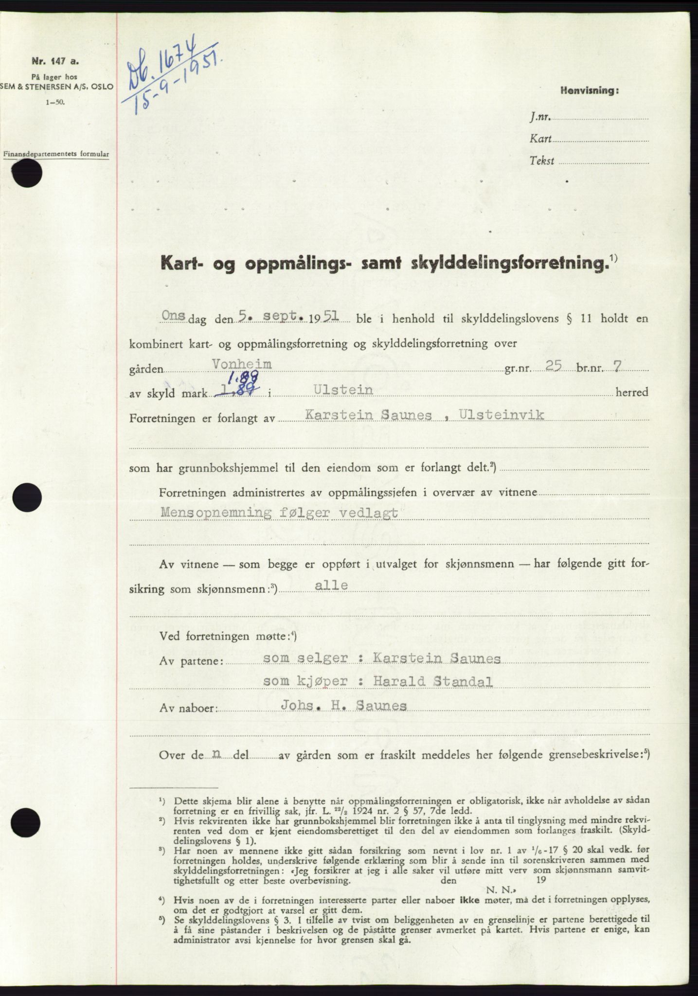 Søre Sunnmøre sorenskriveri, SAT/A-4122/1/2/2C/L0089: Pantebok nr. 15A, 1951-1951, Dagboknr: 1674/1951