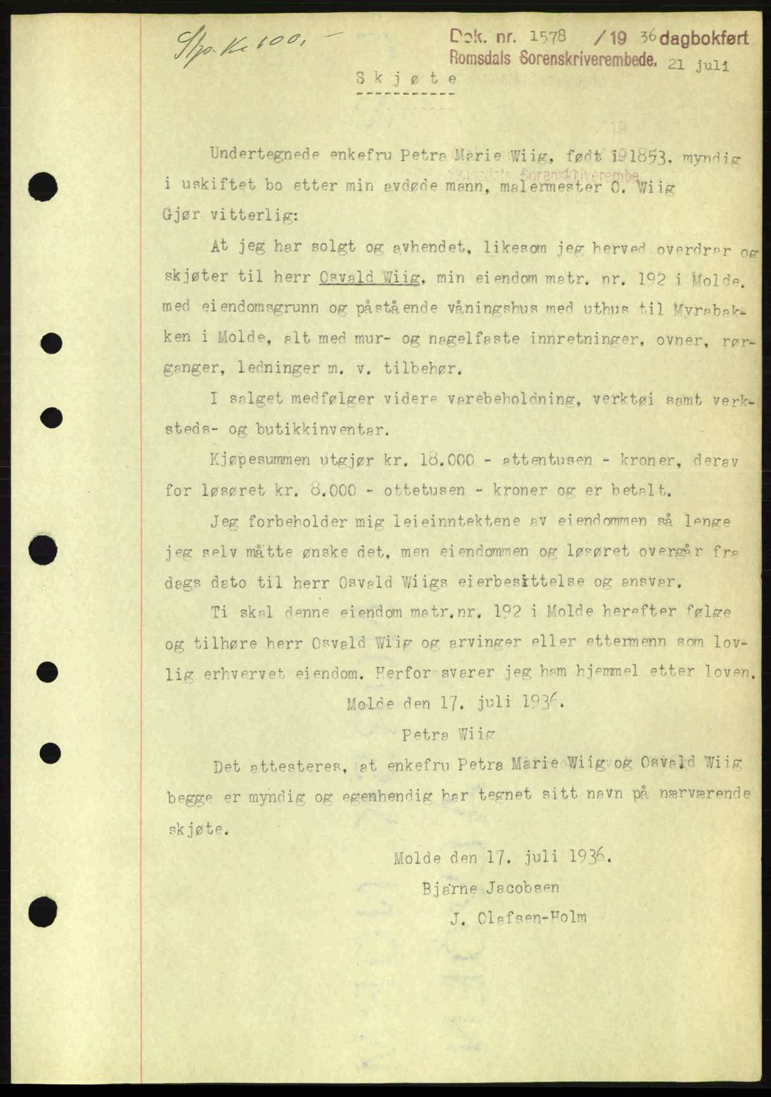 Romsdal sorenskriveri, SAT/A-4149/1/2/2C: Pantebok nr. A1, 1936-1936, Dagboknr: 1578/1936