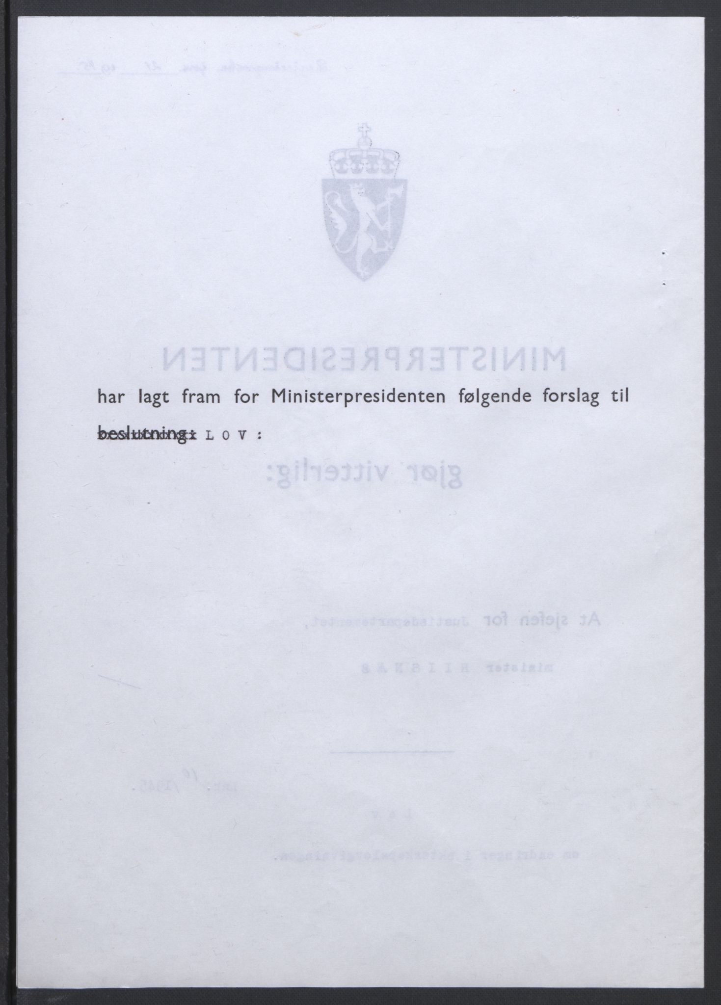 NS-administrasjonen 1940-1945 (Statsrådsekretariatet, de kommisariske statsråder mm), RA/S-4279/D/Db/L0101/0001: -- / Lover og vedtak, 1945, s. 40