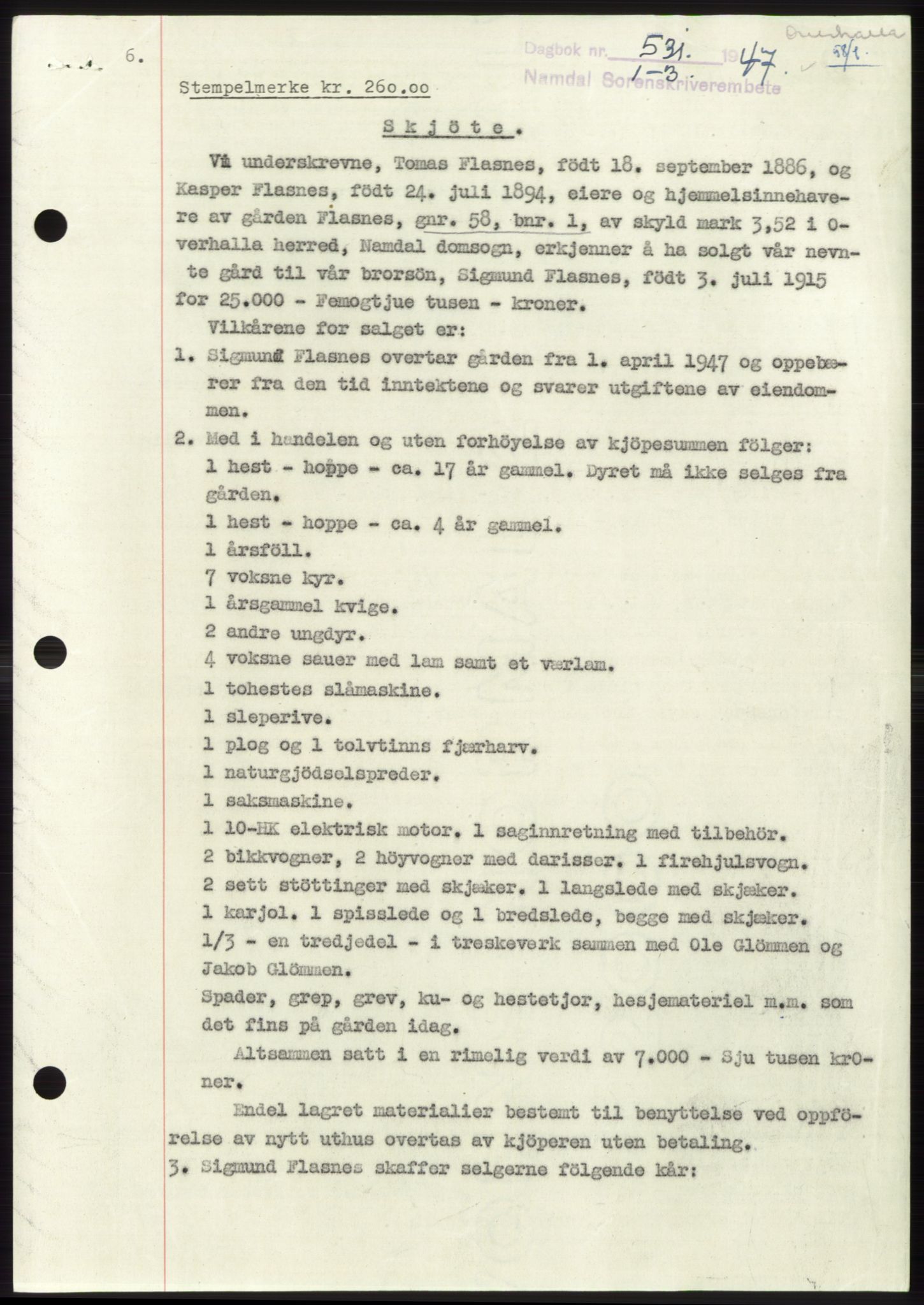Namdal sorenskriveri, SAT/A-4133/1/2/2C: Pantebok nr. -, 1946-1947, Dagboknr: 531/1947