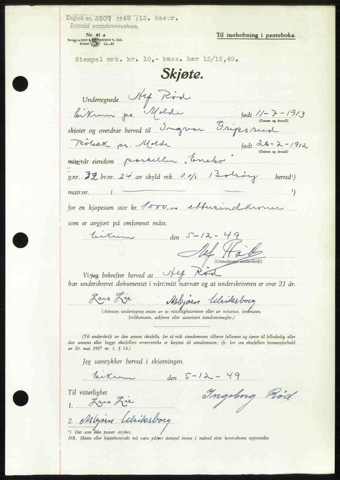 Romsdal sorenskriveri, SAT/A-4149/1/2/2C: Pantebok nr. A31, 1949-1949, Dagboknr: 3507/1949
