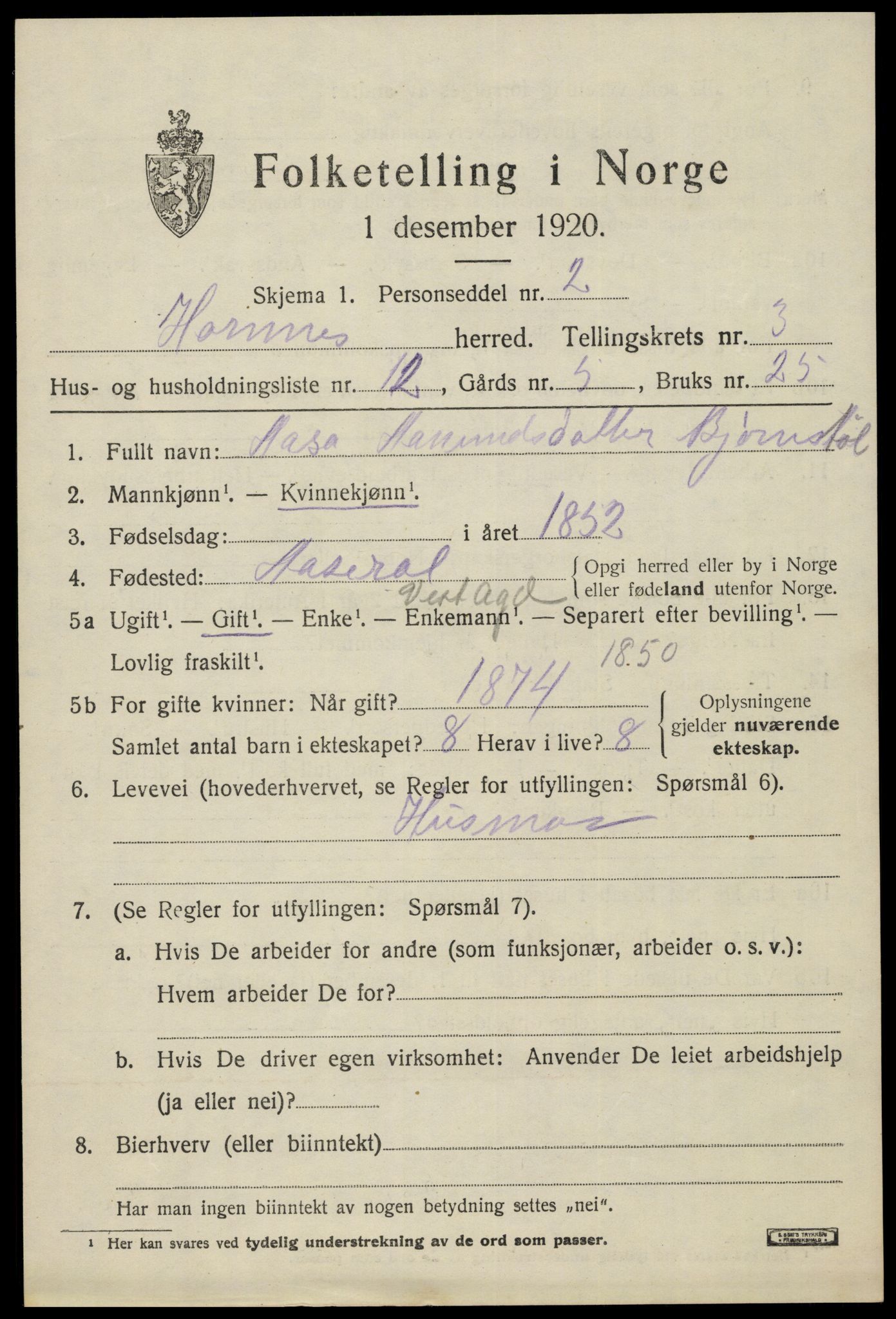 SAK, Folketelling 1920 for 0936 Hornnes herred, 1920, s. 931