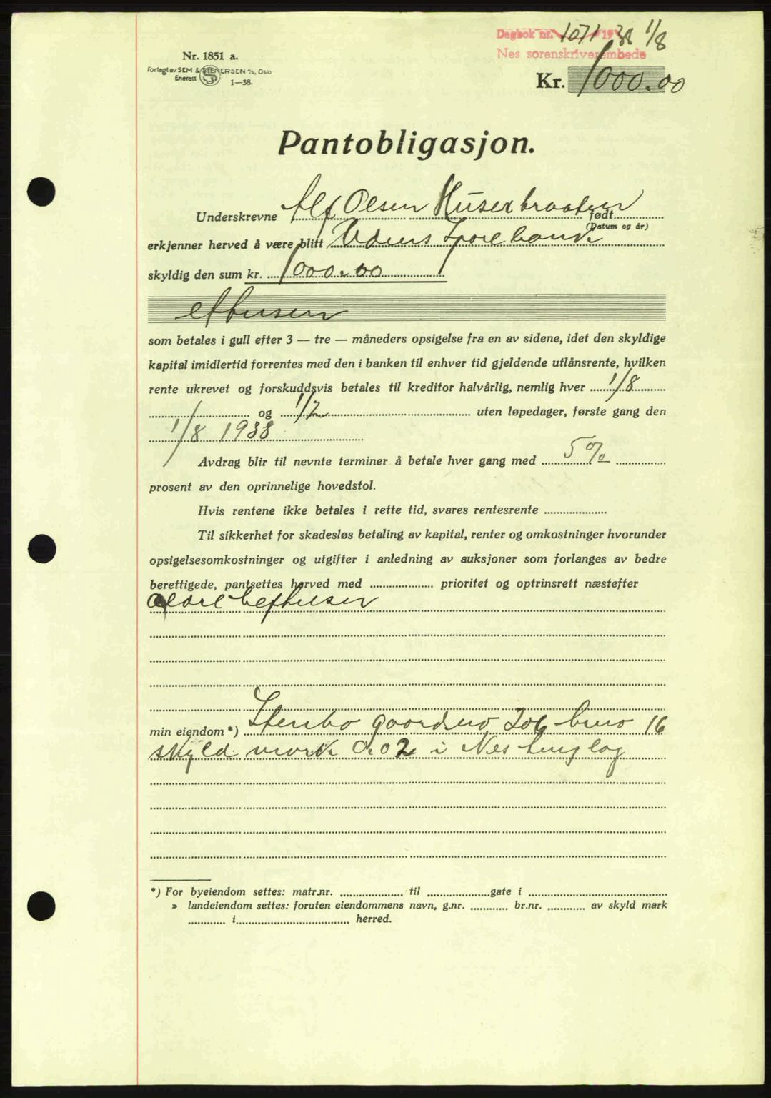 Nes tingrett, SAO/A-10548/G/Gb/Gbb/L0006: Pantebok nr. 50, 1938-1938, Dagboknr: 1071/1938