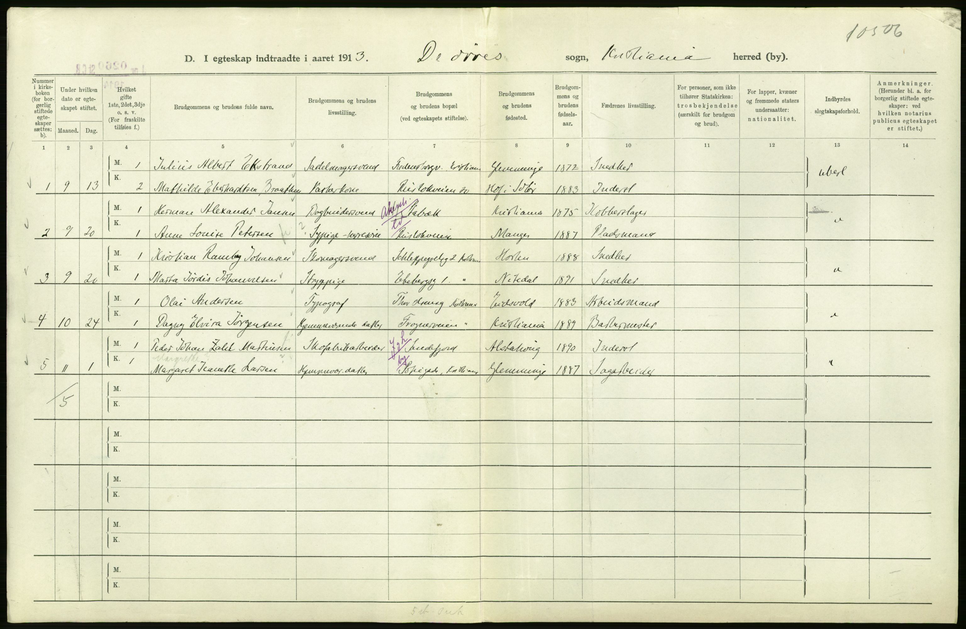 Statistisk sentralbyrå, Sosiodemografiske emner, Befolkning, RA/S-2228/D/Df/Dfb/Dfbc/L0008: Kristiania: Gifte., 1913, s. 188