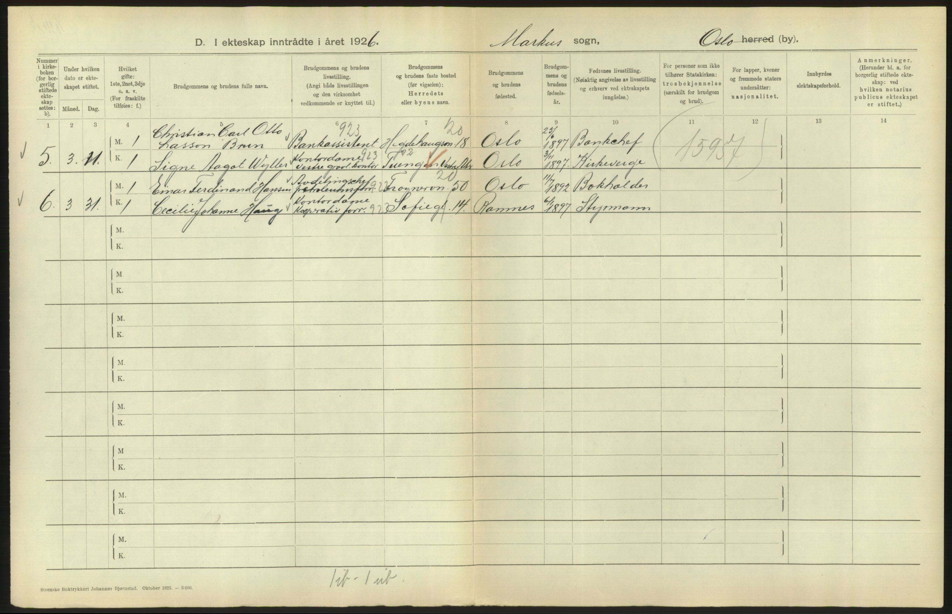 Statistisk sentralbyrå, Sosiodemografiske emner, Befolkning, AV/RA-S-2228/D/Df/Dfc/Dfcf/L0008: Oslo: Gifte, 1926, s. 820