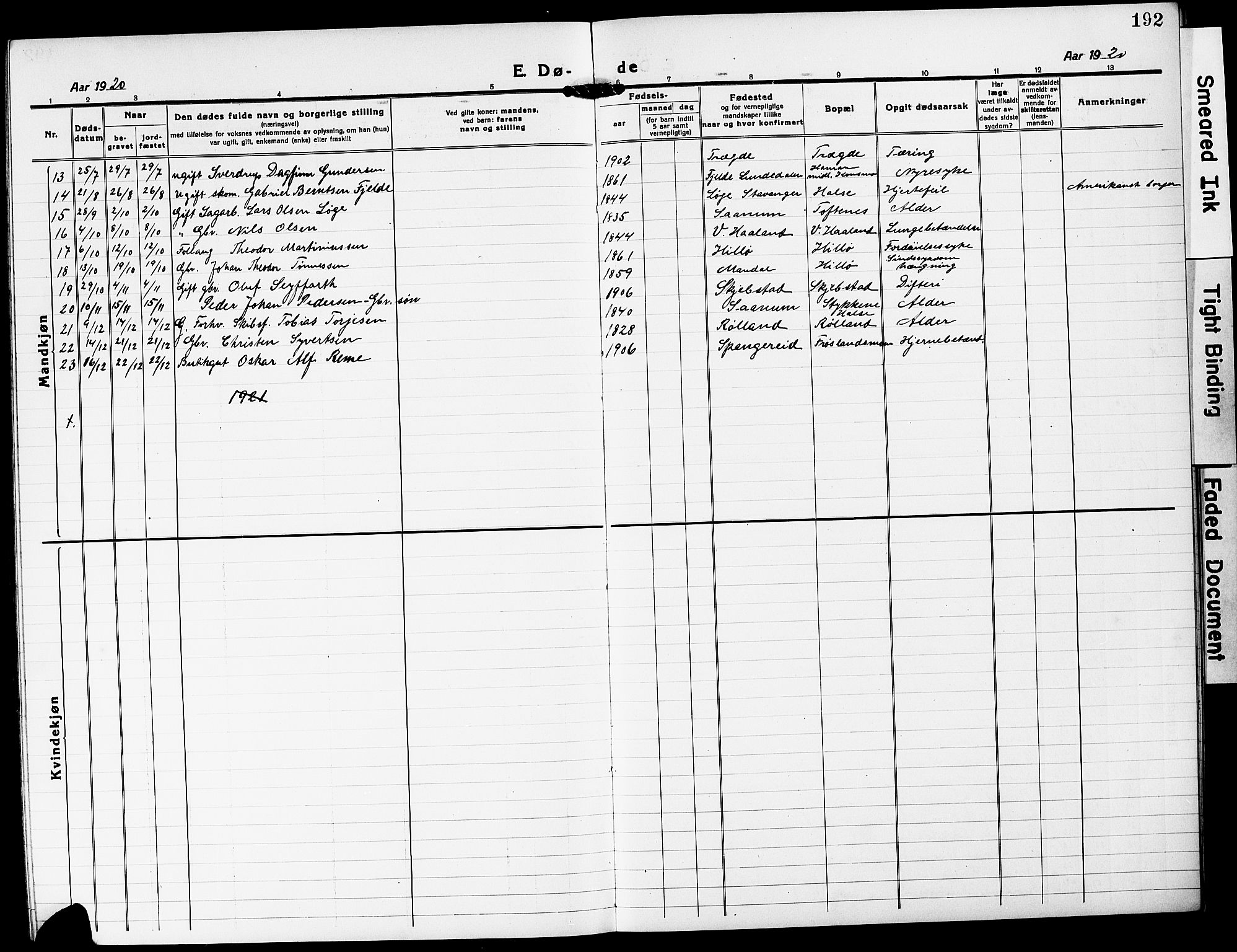 Mandal sokneprestkontor, SAK/1111-0030/F/Fb/Fba/L0013: Klokkerbok nr. B 7, 1918-1931, s. 192
