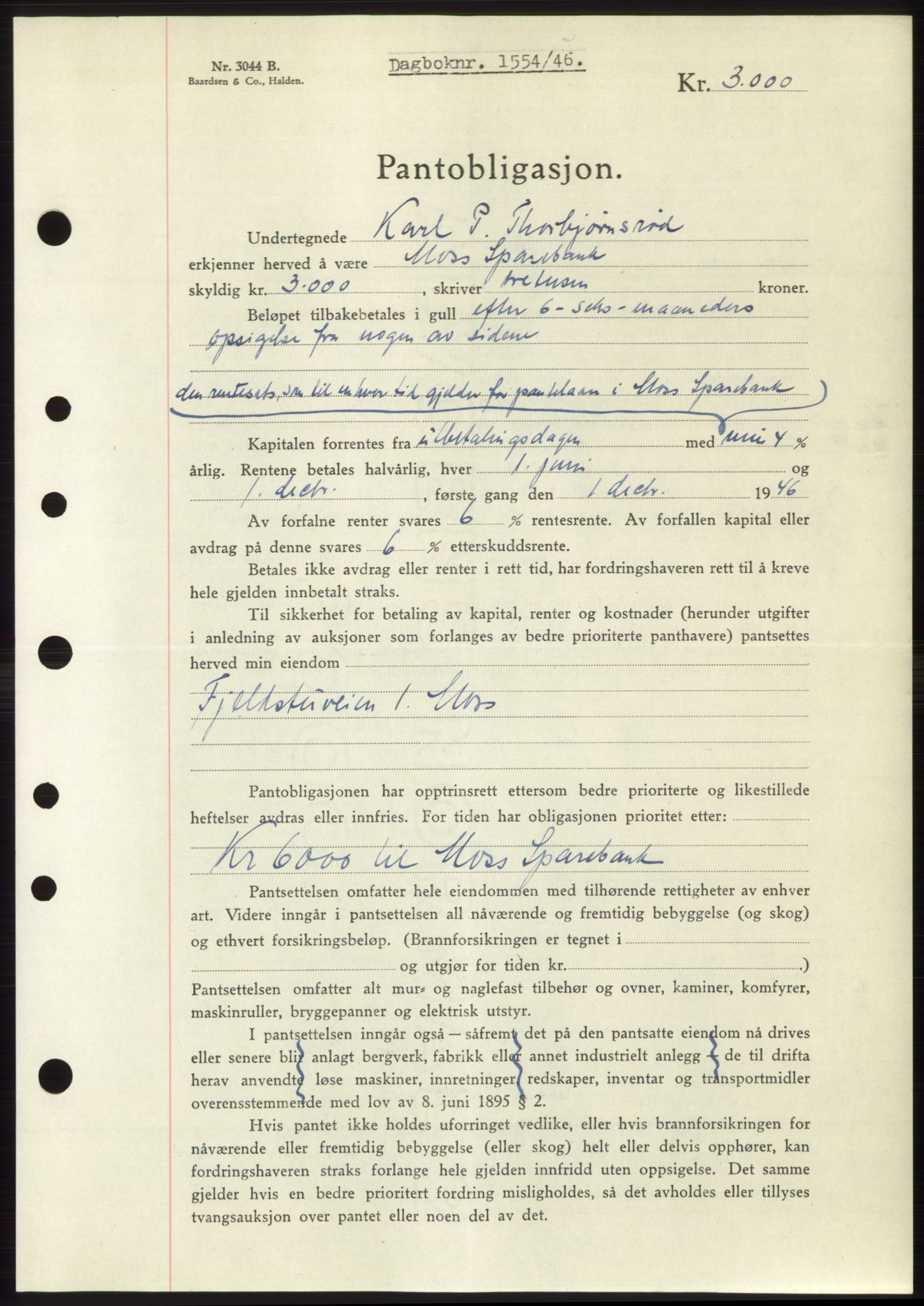 Moss sorenskriveri, SAO/A-10168: Pantebok nr. B15, 1946-1946, Dagboknr: 1554/1946