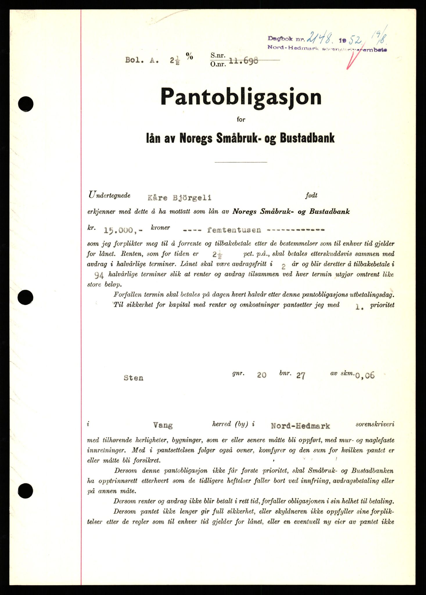 Nord-Hedmark sorenskriveri, SAH/TING-012/H/Hb/Hbf/L0025: Pantebok nr. B25, 1952-1952, Dagboknr: 2148/1952
