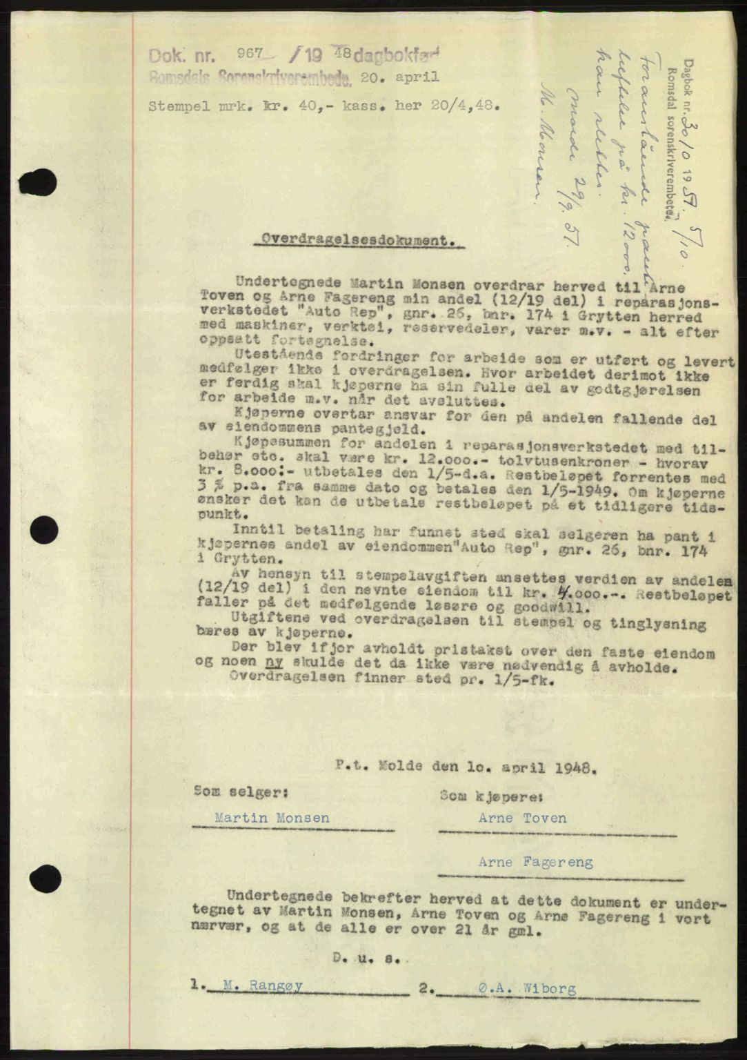 Romsdal sorenskriveri, SAT/A-4149/1/2/2C: Pantebok nr. A26, 1948-1948, Dagboknr: 967/1948