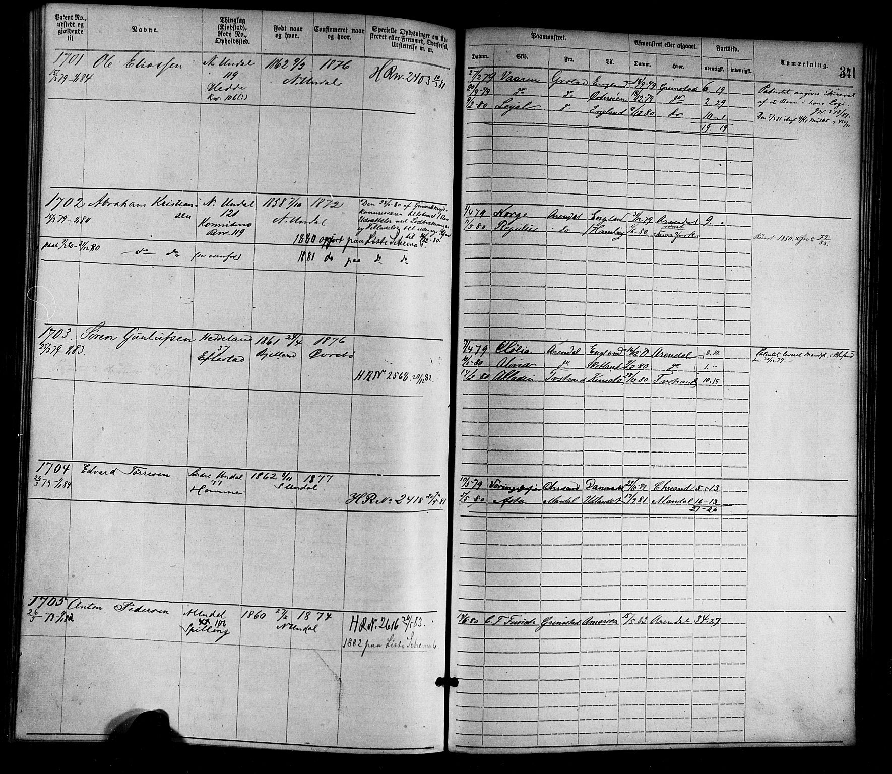 Mandal mønstringskrets, SAK/2031-0016/F/Fa/L0001: Annotasjonsrulle nr 1-1920 med register, L-3, 1869-1881, s. 379