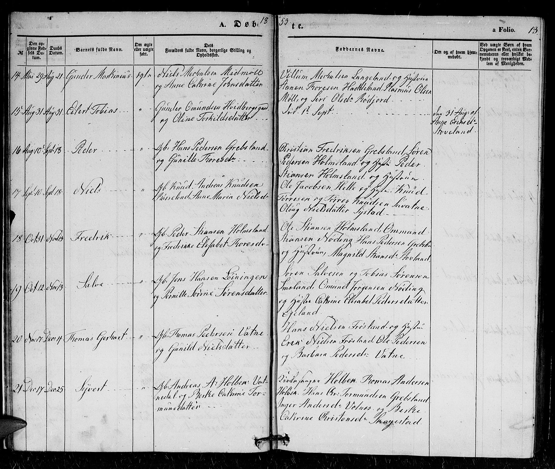 Holum sokneprestkontor, AV/SAK-1111-0022/F/Fb/Fba/L0003: Klokkerbok nr. B 3, 1850-1866, s. 13