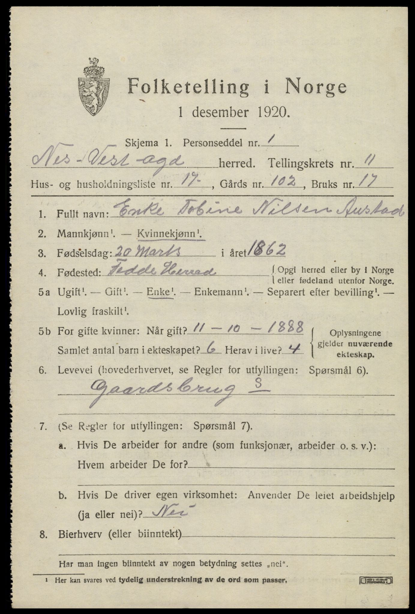SAK, Folketelling 1920 for 1043 Nes herred, 1920, s. 4176