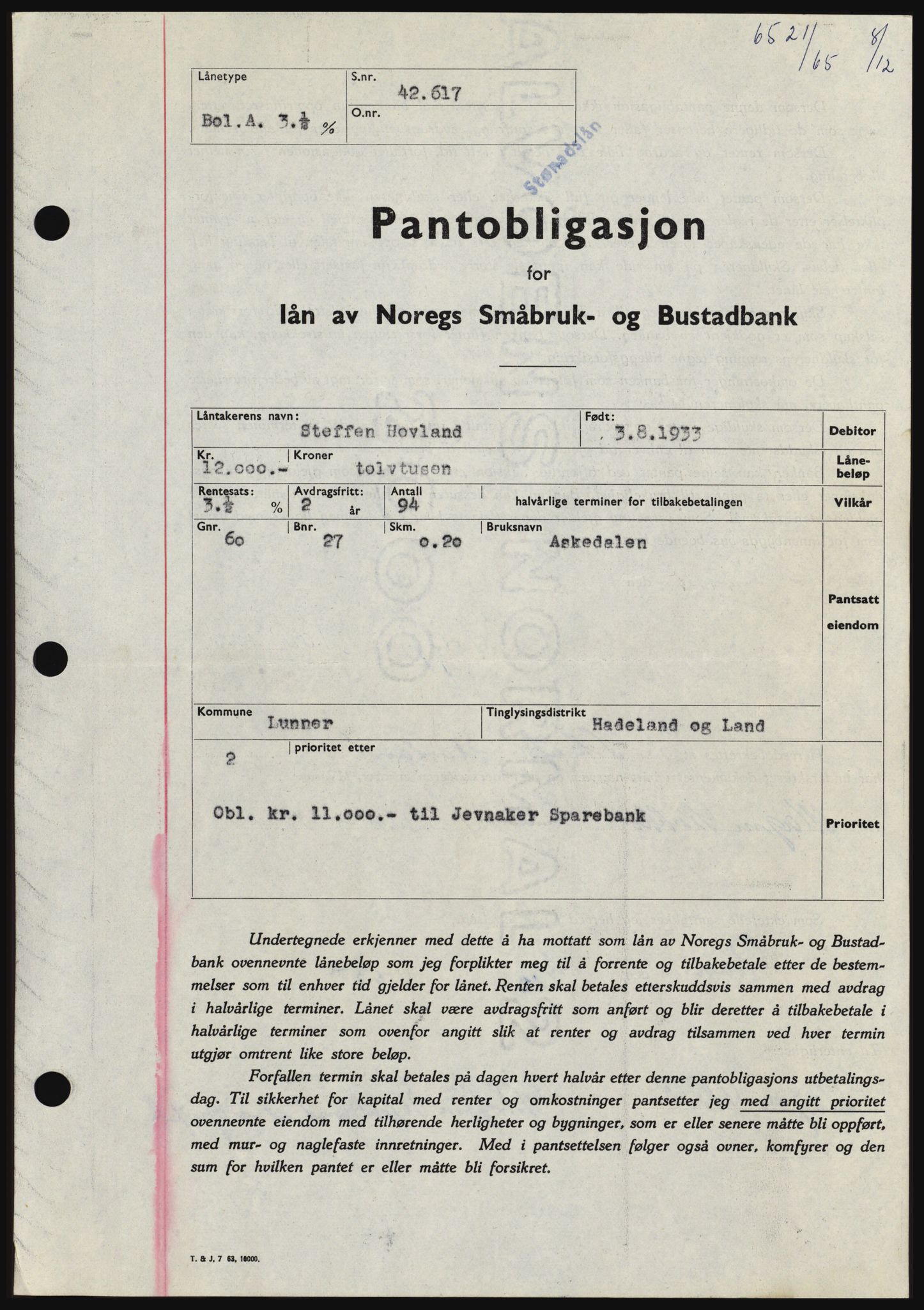 Hadeland og Land tingrett, SAH/TING-010/H/Hb/Hbc/L0061: Pantebok nr. B61, 1965-1966, Dagboknr: 6521/1965