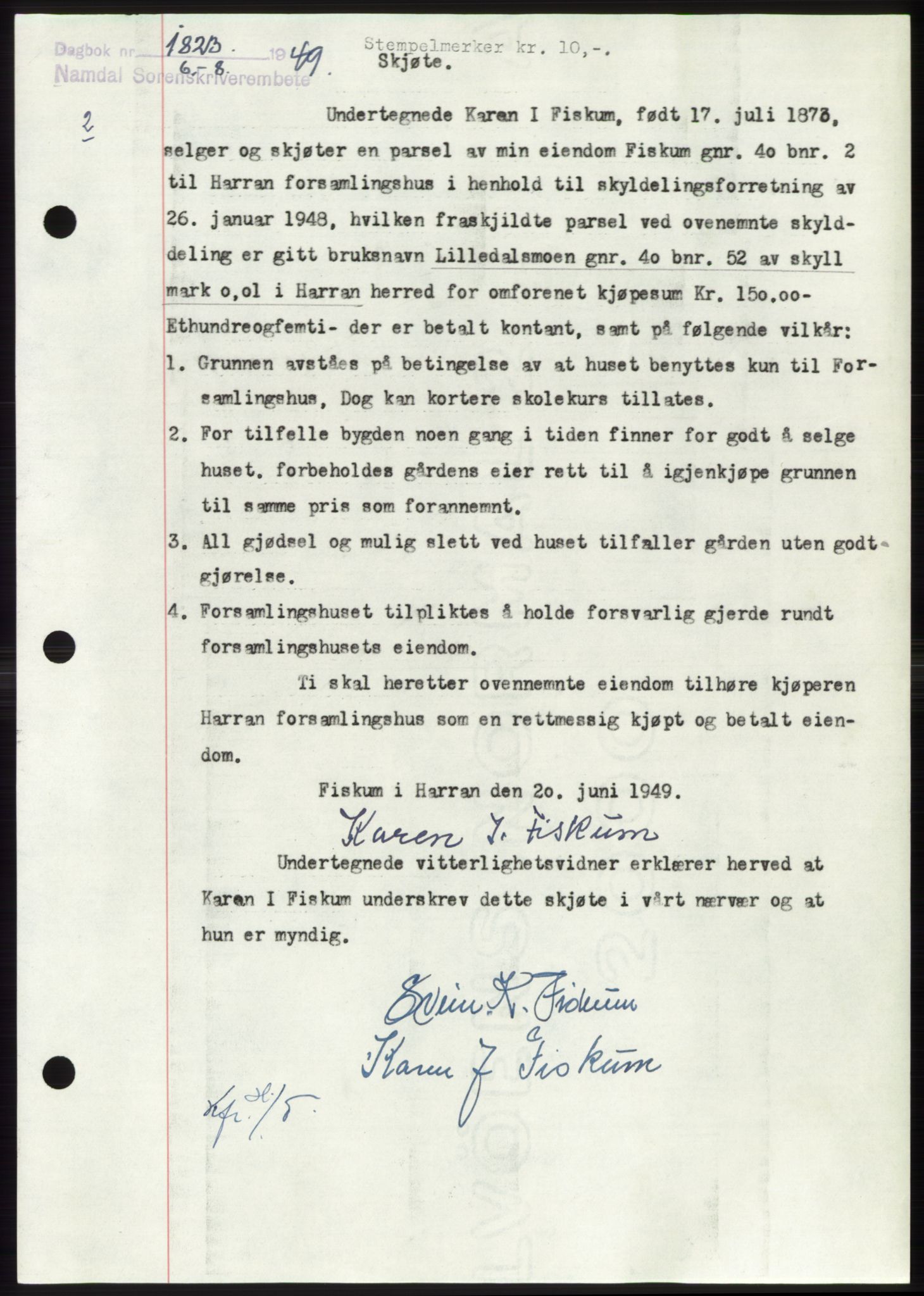 Namdal sorenskriveri, SAT/A-4133/1/2/2C: Pantebok nr. -, 1949-1949, Dagboknr: 1823/1949