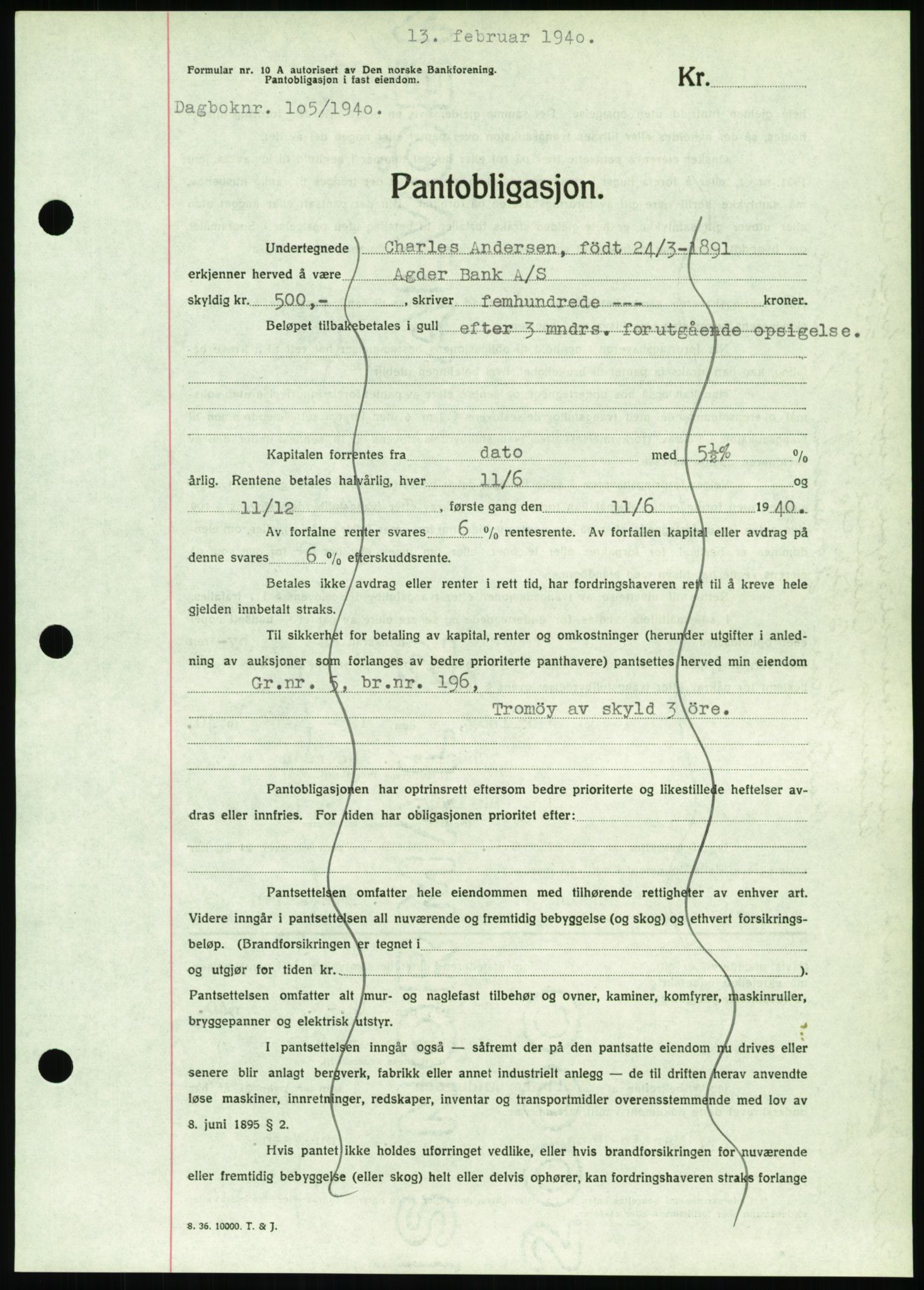 Nedenes sorenskriveri, SAK/1221-0006/G/Gb/Gbb/L0001: Pantebok nr. I, 1939-1942, Dagboknr: 105/1940