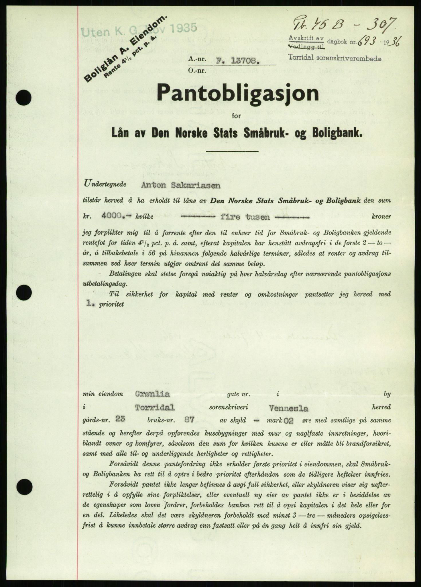 Torridal sorenskriveri, AV/SAK-1221-0012/G/Gb/Gbb/L0001: Pantebok nr. 45b, 1936-1936, s. 307, Dagboknr: 693/1936