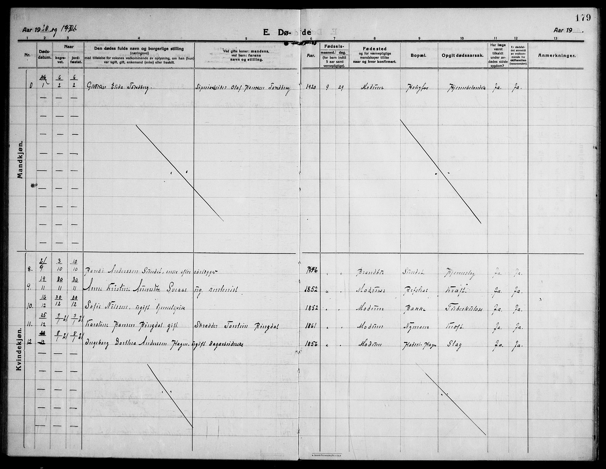 Modum kirkebøker, AV/SAKO-A-234/F/Fa/L0018: Ministerialbok nr. 18, 1912-1924, s. 179
