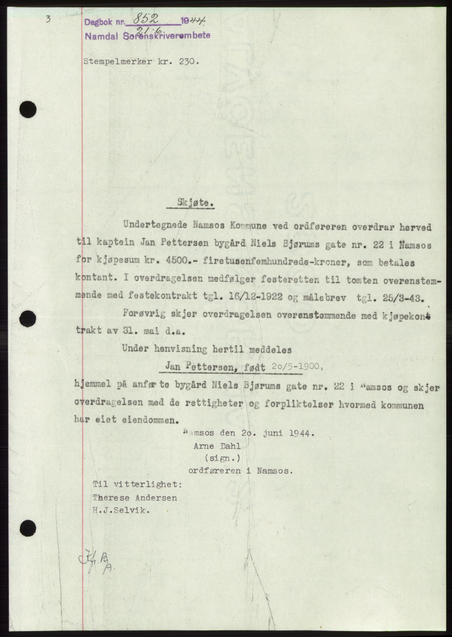 Namdal sorenskriveri, SAT/A-4133/1/2/2C: Pantebok nr. -, 1944-1945, Dagboknr: 852/1944