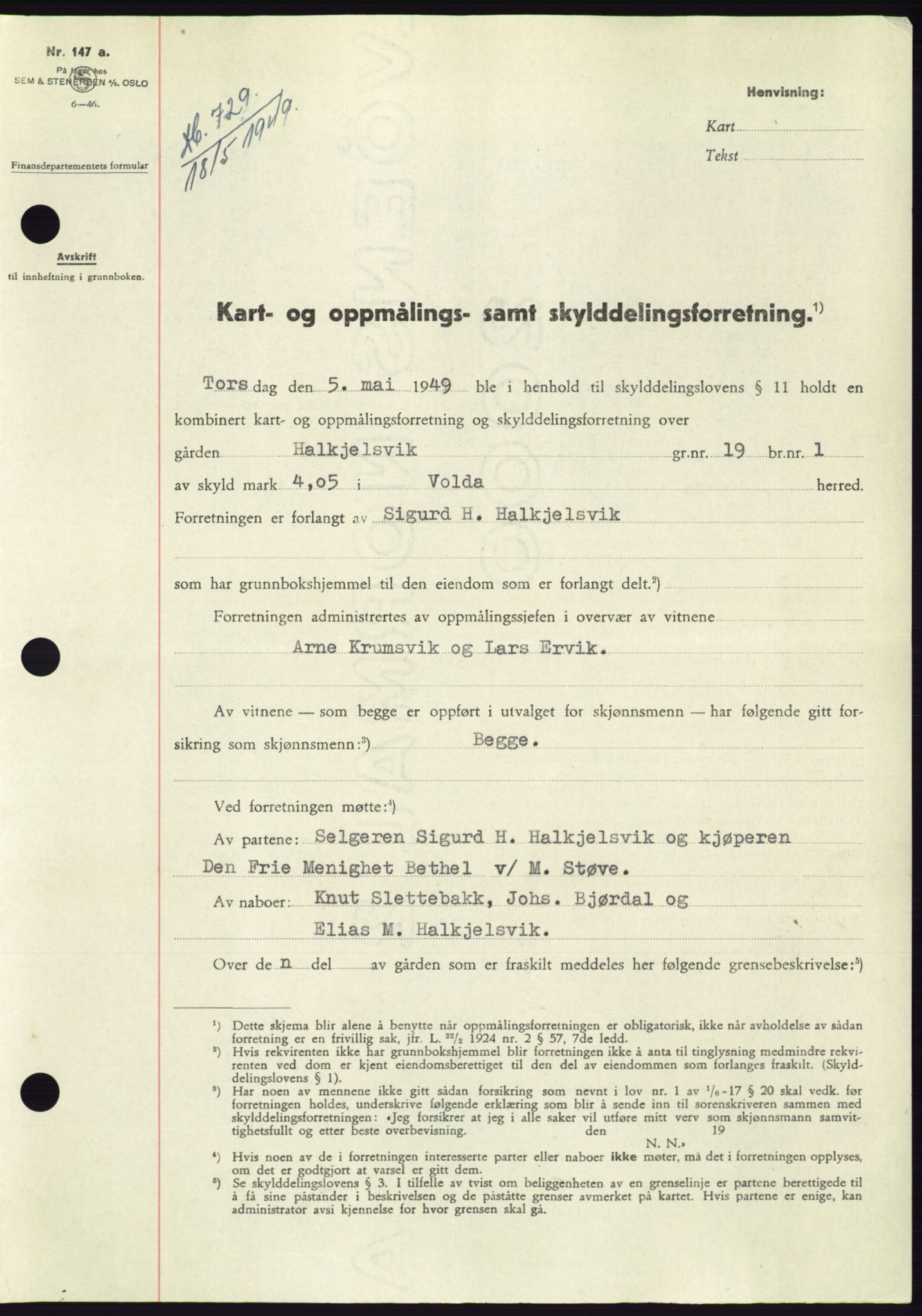 Søre Sunnmøre sorenskriveri, SAT/A-4122/1/2/2C/L0084: Pantebok nr. 10A, 1949-1949, Dagboknr: 729/1949
