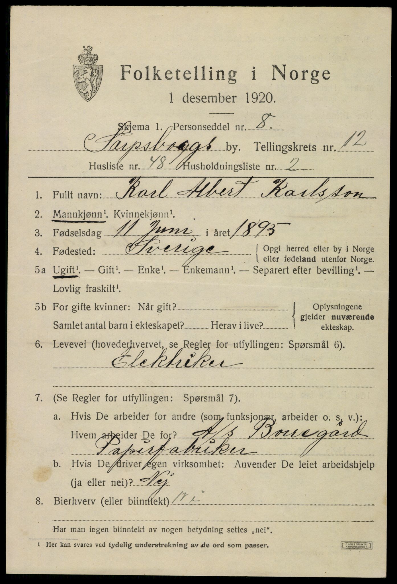SAO, Folketelling 1920 for 0102 Sarpsborg kjøpstad, 1920, s. 26154