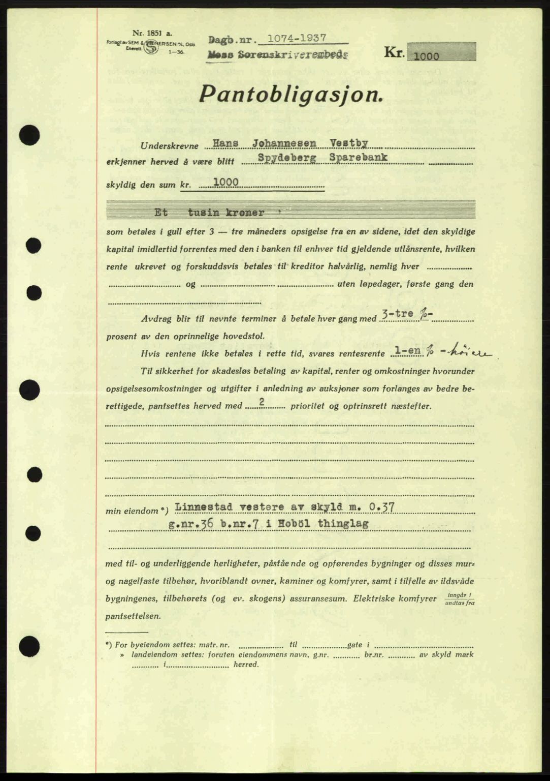 Moss sorenskriveri, SAO/A-10168: Pantebok nr. B3, 1937-1937, Dagboknr: 1074/1937