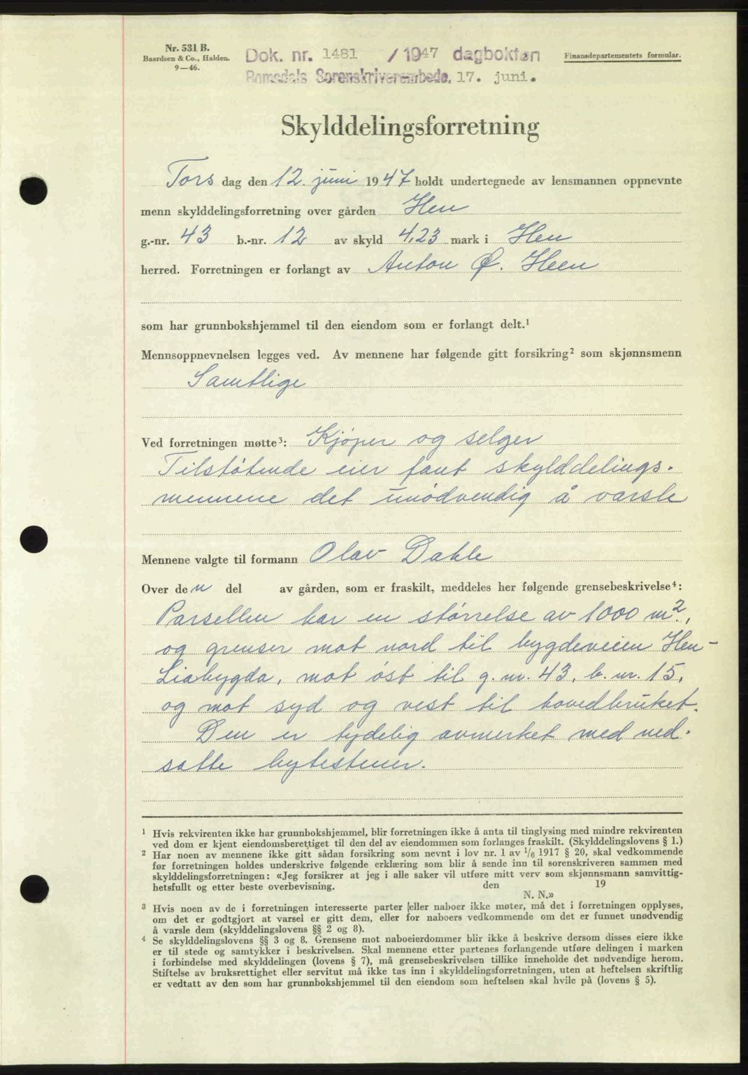 Romsdal sorenskriveri, AV/SAT-A-4149/1/2/2C: Pantebok nr. A23, 1947-1947, Dagboknr: 1481/1947