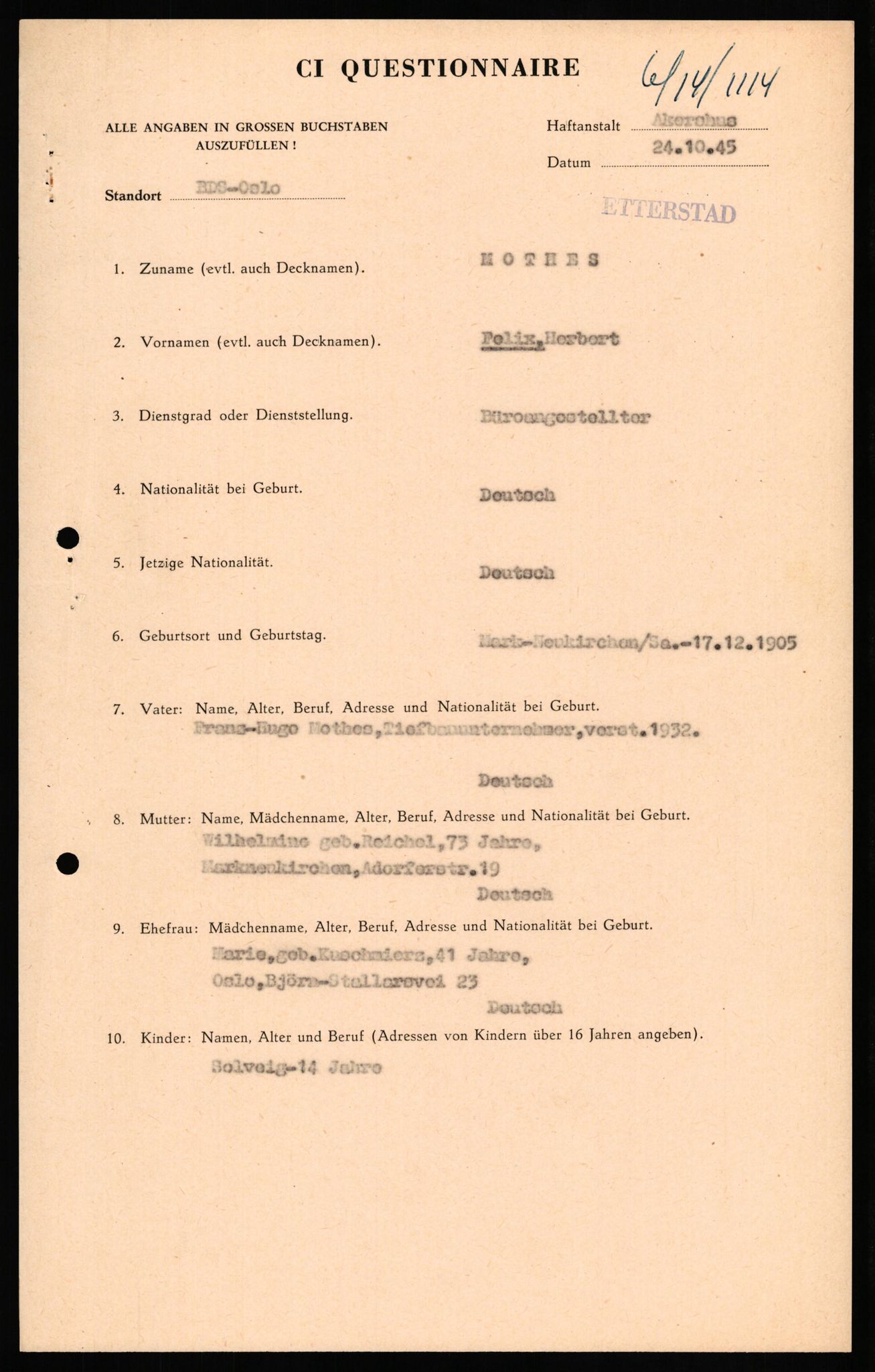 Forsvaret, Forsvarets overkommando II, AV/RA-RAFA-3915/D/Db/L0022: CI Questionaires. Tyske okkupasjonsstyrker i Norge. Tyskere., 1945-1946, s. 374