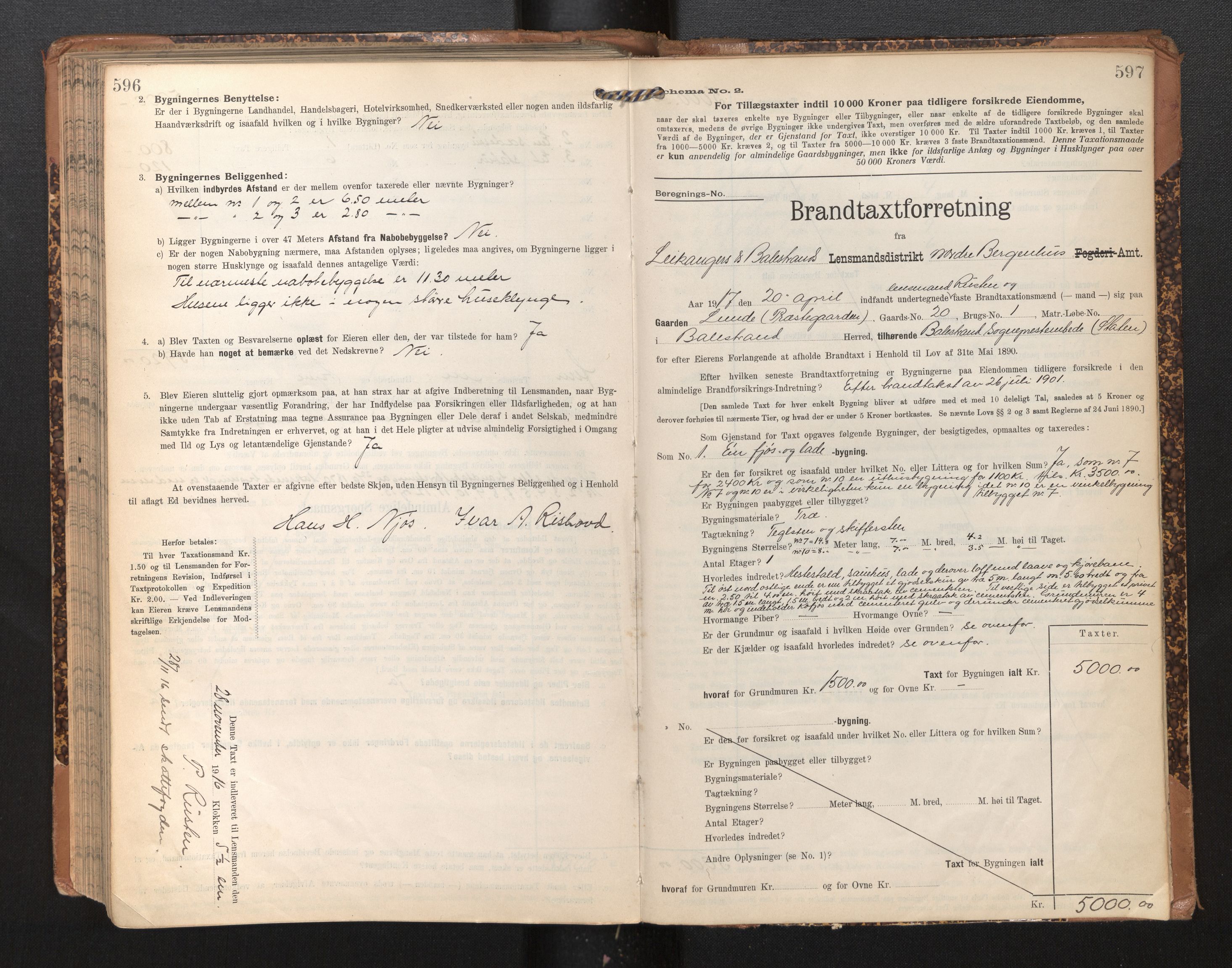 Lensmannen i Leikanger, SAB/A-29201/0012/L0005: Branntakstprotokoll, skjematakst, 1907-1917, s. 596-597