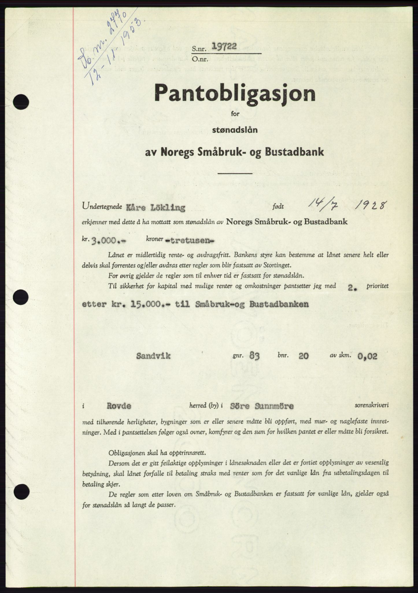 Søre Sunnmøre sorenskriveri, SAT/A-4122/1/2/2C/L0124: Pantebok nr. 12B, 1953-1954, Dagboknr: 2770/1953