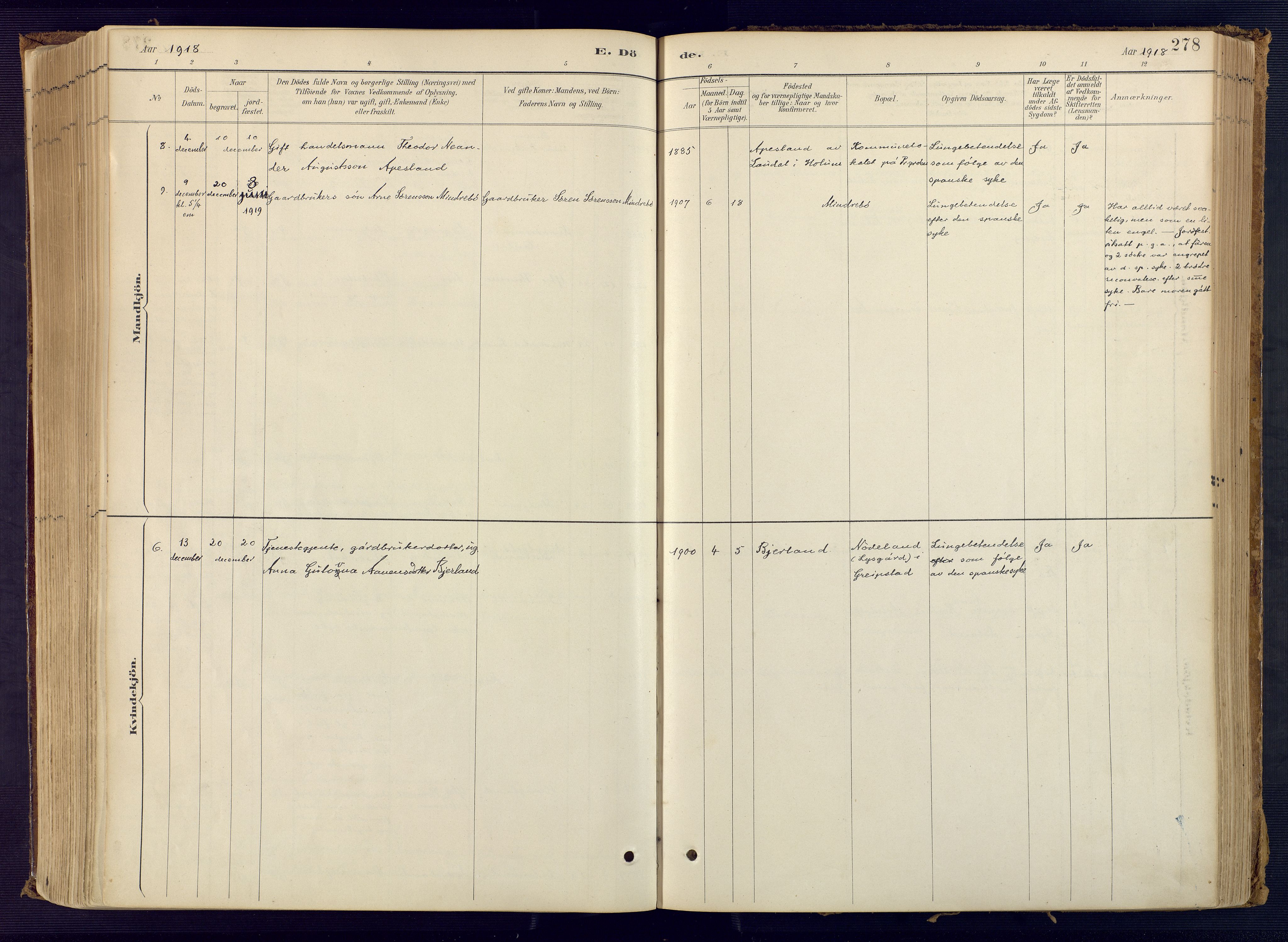 Bjelland sokneprestkontor, SAK/1111-0005/F/Fa/Faa/L0004: Ministerialbok nr. A 4, 1887-1923, s. 278