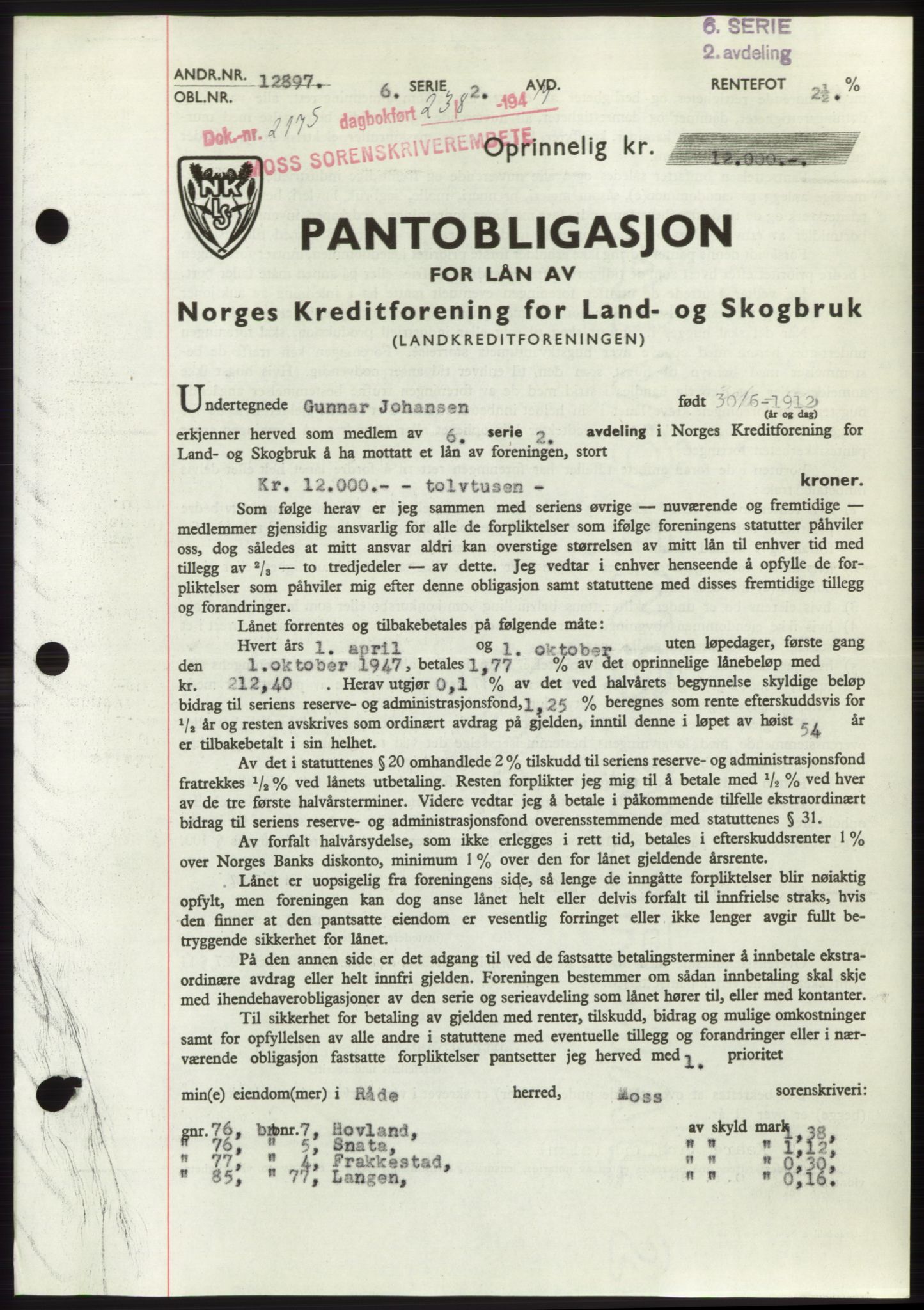 Moss sorenskriveri, SAO/A-10168: Pantebok nr. B17, 1947-1947, Dagboknr: 2175/1947