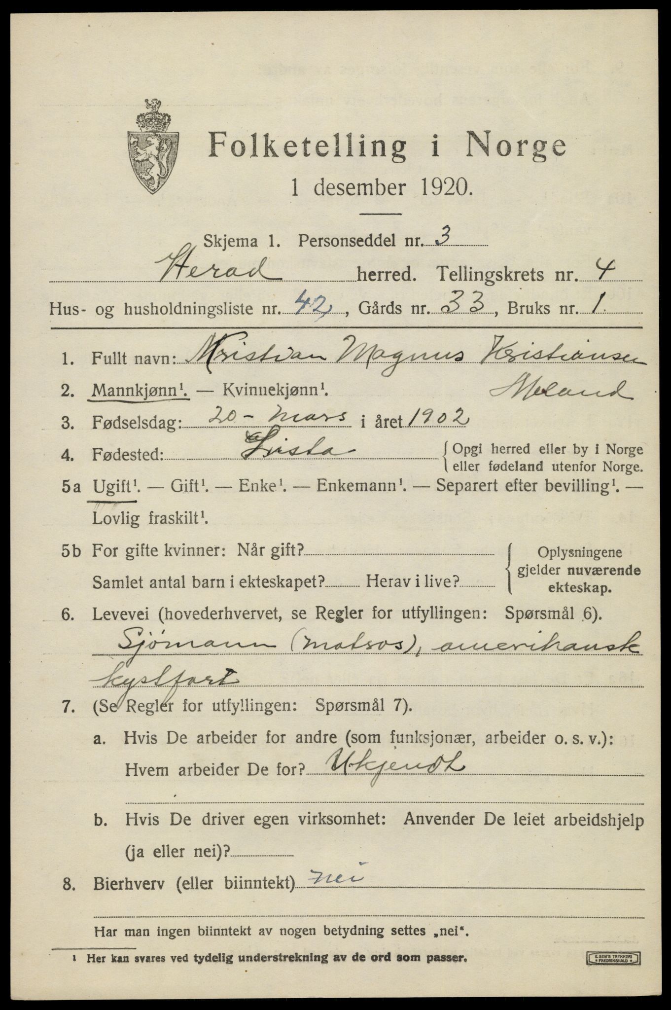 SAK, Folketelling 1920 for 1039 Herad herred, 1920, s. 2144