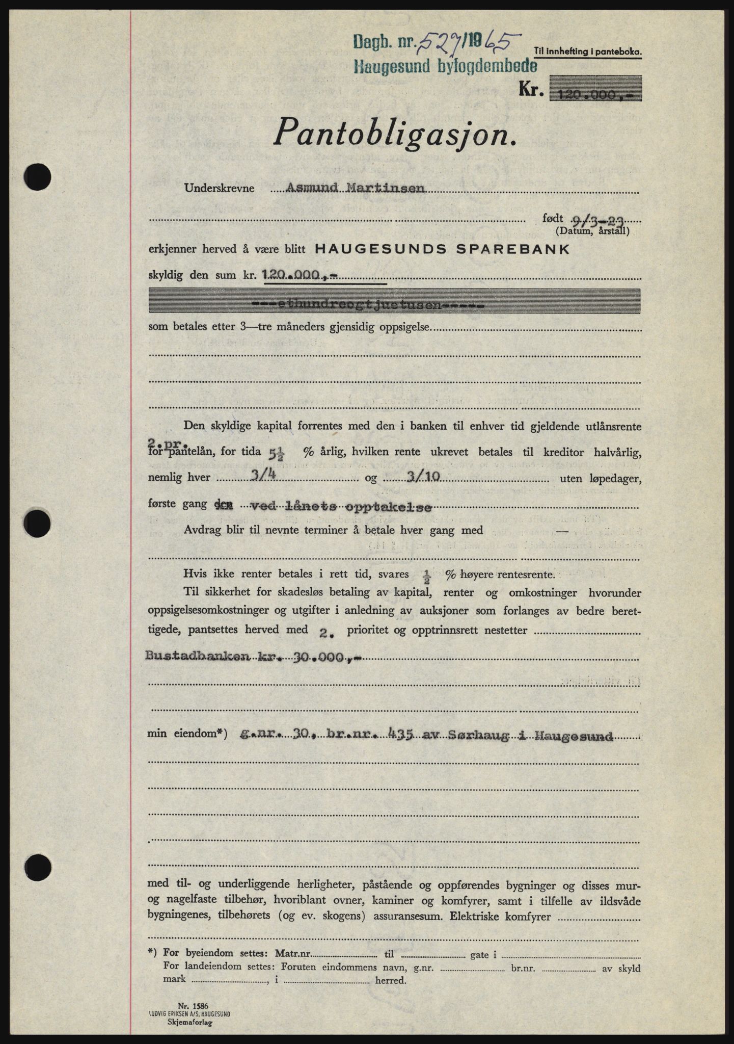 Haugesund tingrett, SAST/A-101415/01/II/IIC/L0053: Pantebok nr. B 53, 1965-1965, Dagboknr: 527/1965