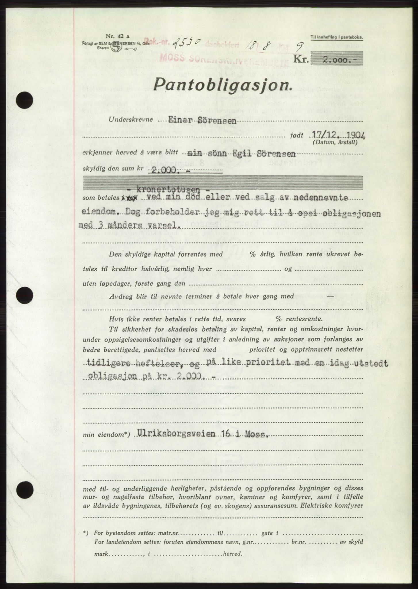 Moss sorenskriveri, SAO/A-10168: Pantebok nr. B22, 1949-1949, Dagboknr: 2530/1949